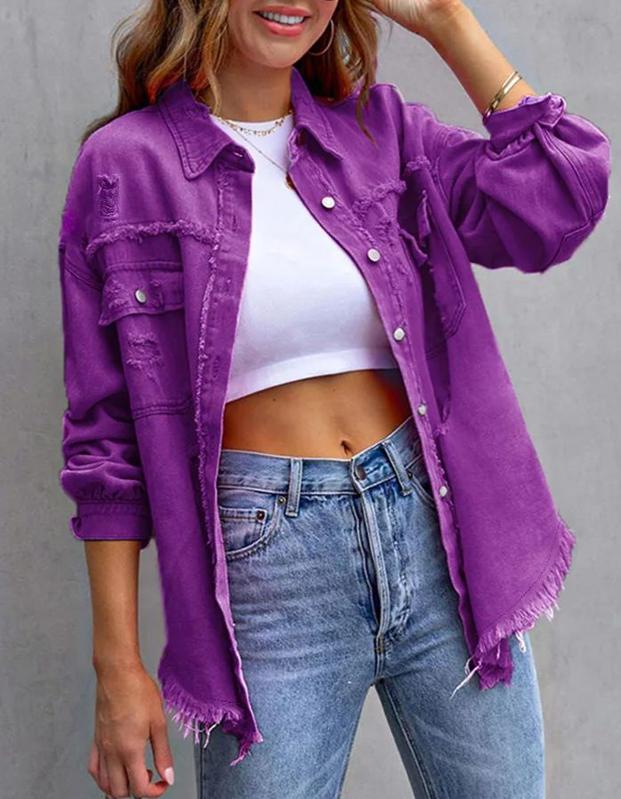 50% OFF🔥Women's Basic Casual Ripped Denim Jacket Long Sleeve (Buy 2 Free Shipping)