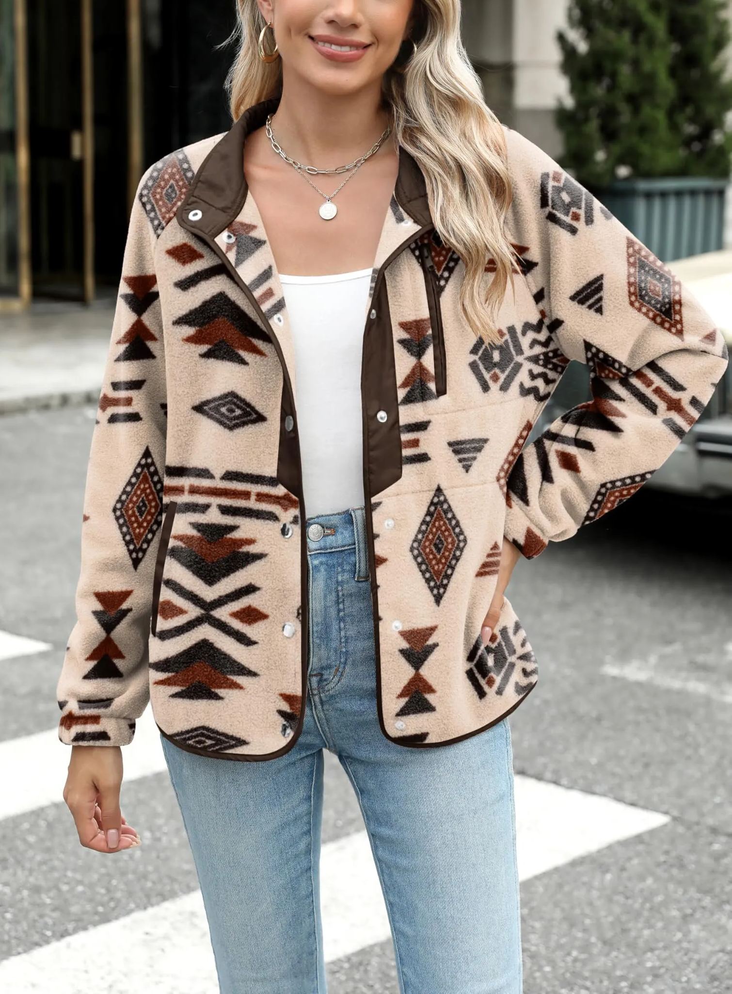 Women's Western Aztec Print Long Sleeve Snap Button Down Fleece Jackets with Pockets