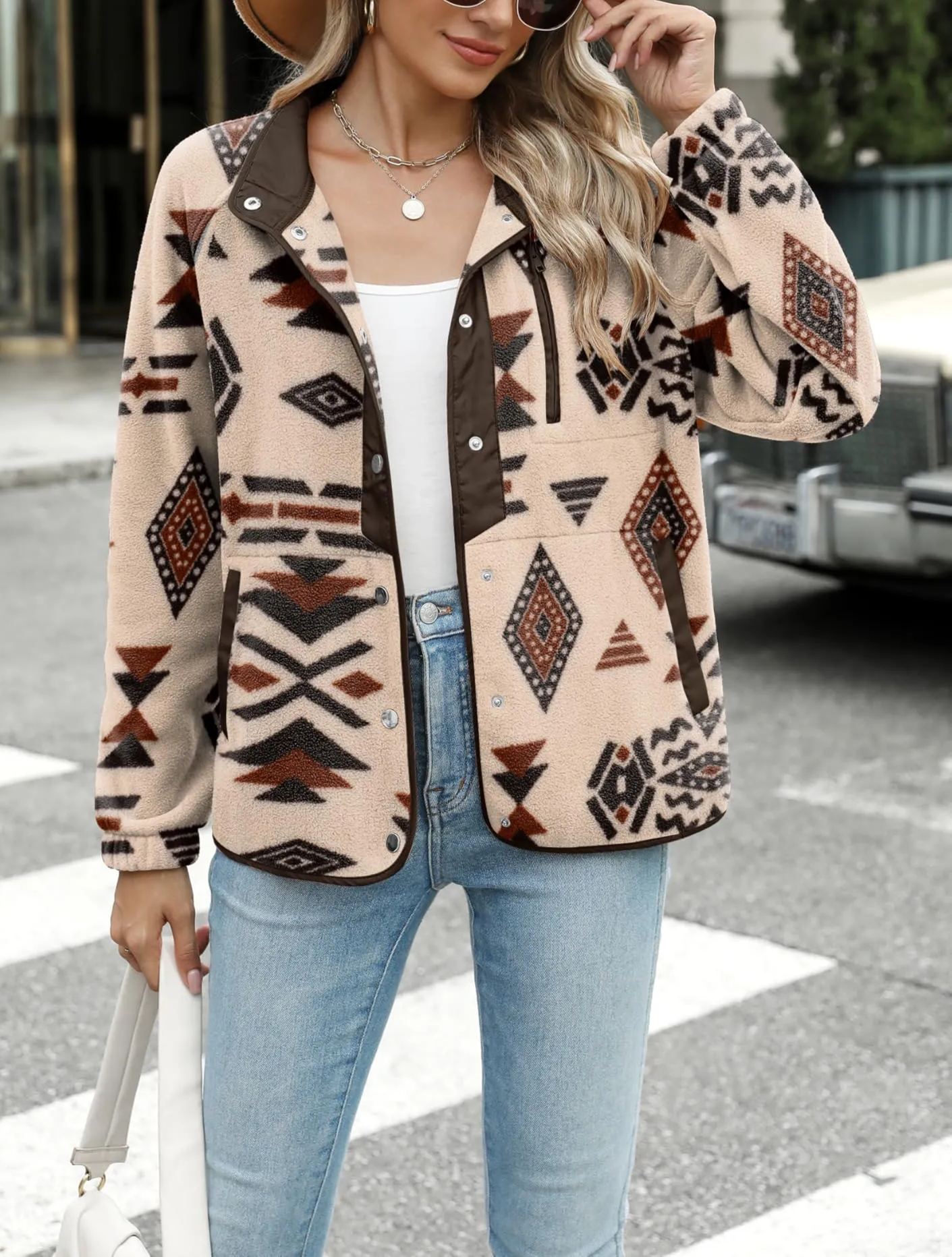 Women's Western Aztec Print Long Sleeve Snap Button Down Fleece Jackets with Pockets