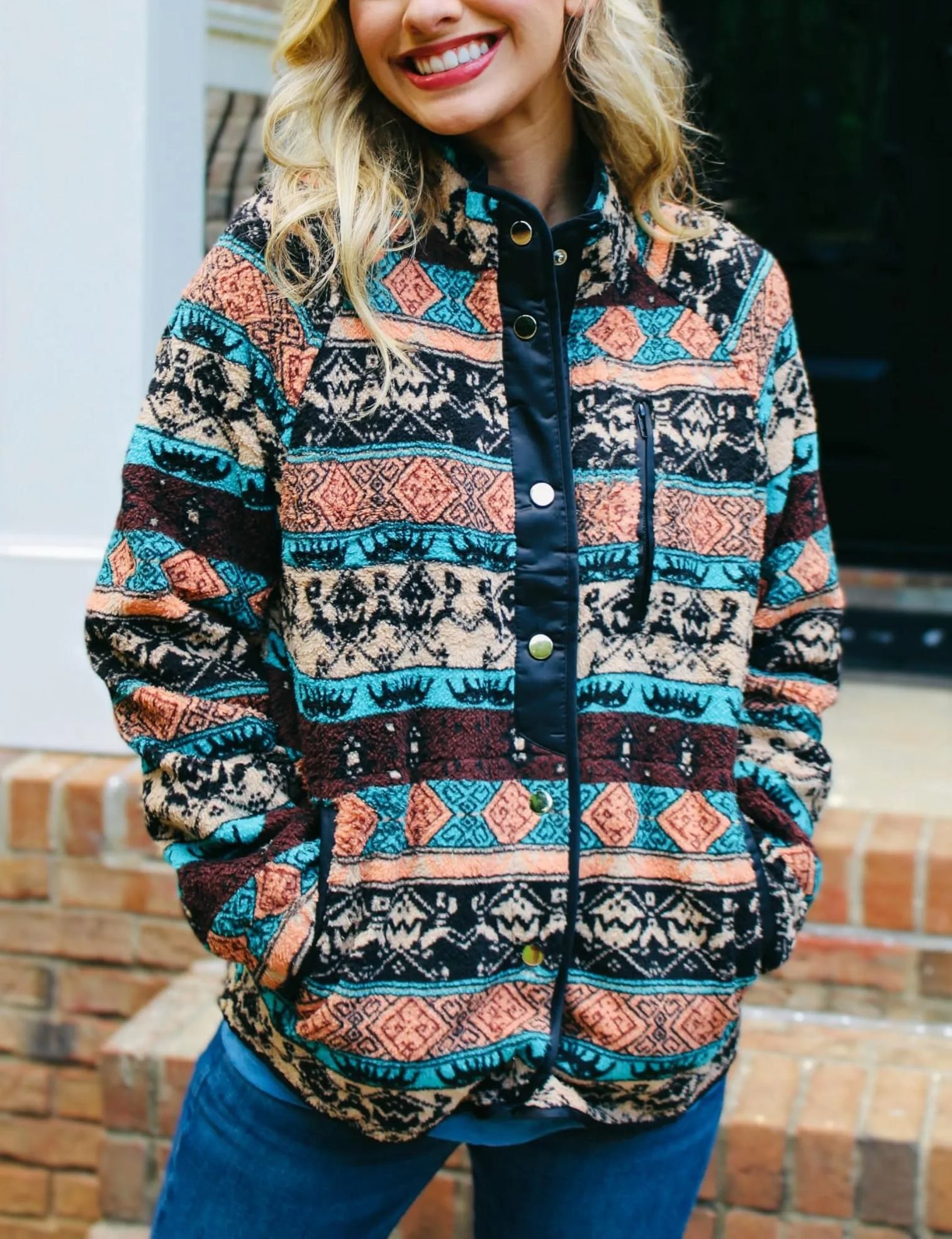 Women's Western Aztec Print Long Sleeve Snap Button Down Fleece Jackets with Pockets