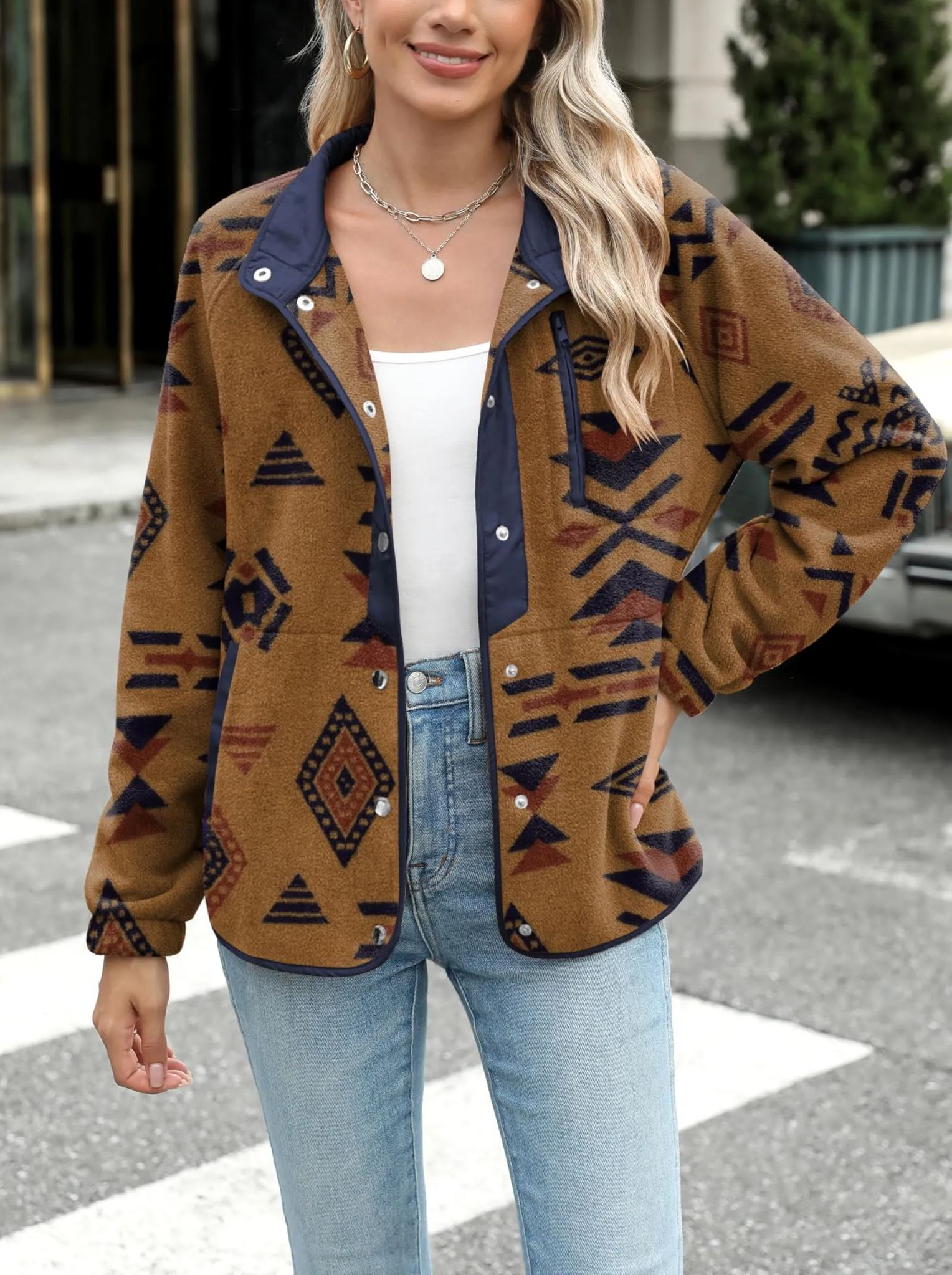Women's Western Aztec Print Long Sleeve Snap Button Down Fleece Jackets with Pockets