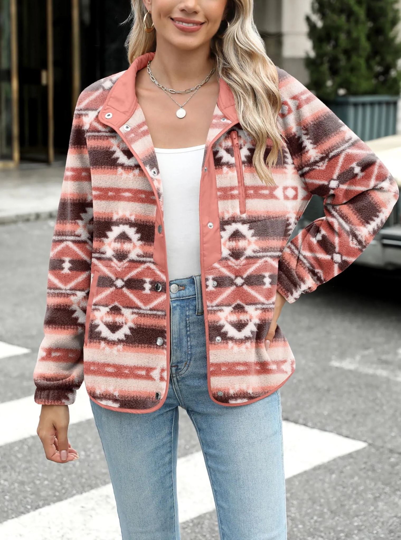 Women's Western Aztec Print Long Sleeve Snap Button Down Fleece Jackets with Pockets