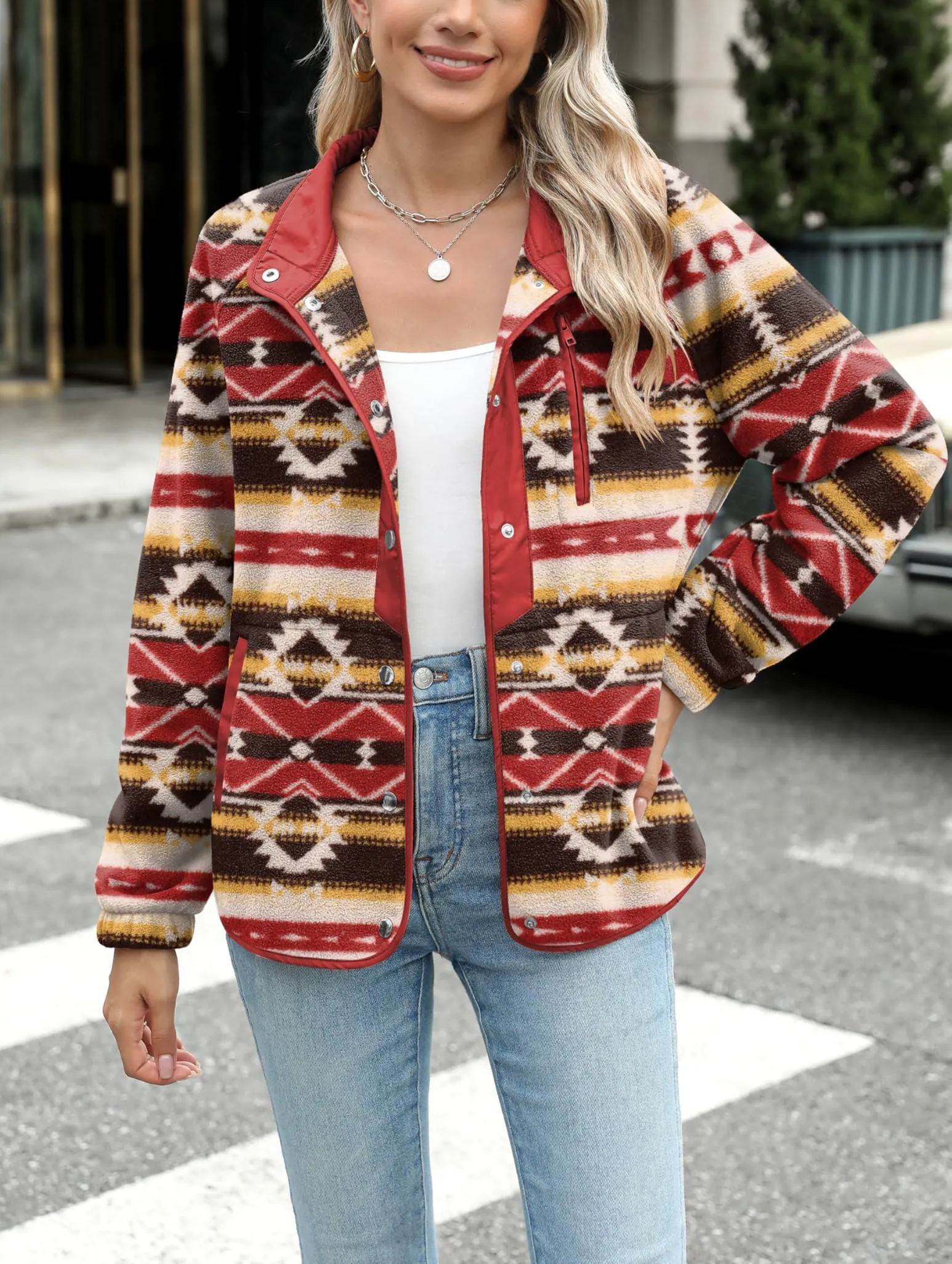 Women's Western Aztec Print Long Sleeve Snap Button Down Fleece Jackets with Pockets