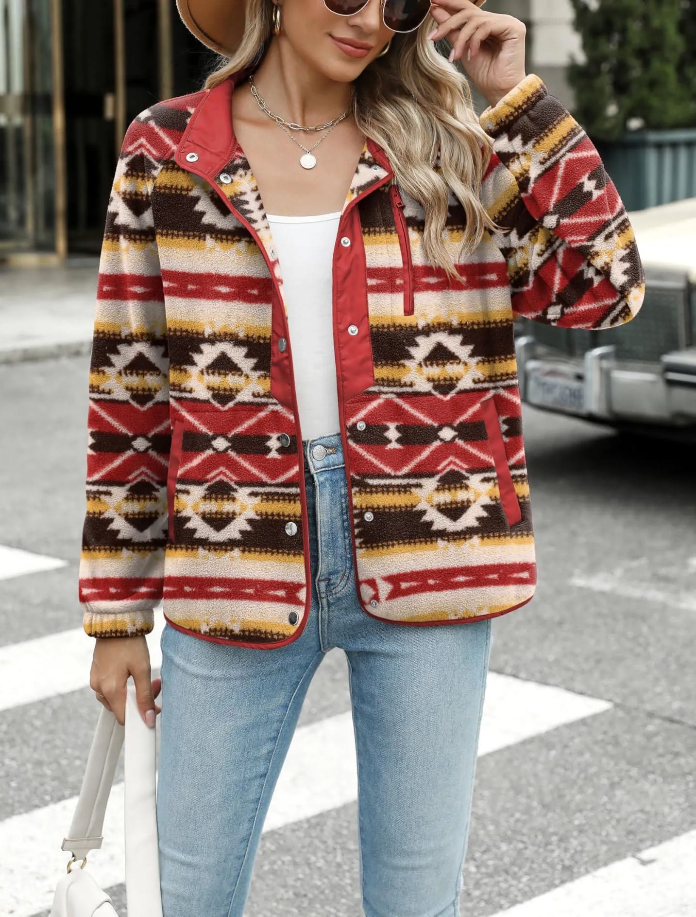 Women's Western Aztec Print Long Sleeve Snap Button Down Fleece Jackets with Pockets