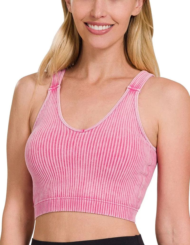WASHED RIBBED CROPPED BRA PADDED TANK TOP