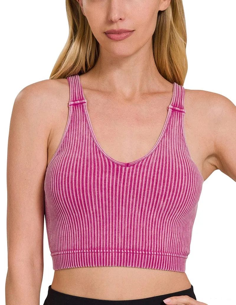 WASHED RIBBED CROPPED BRA PADDED TANK TOP