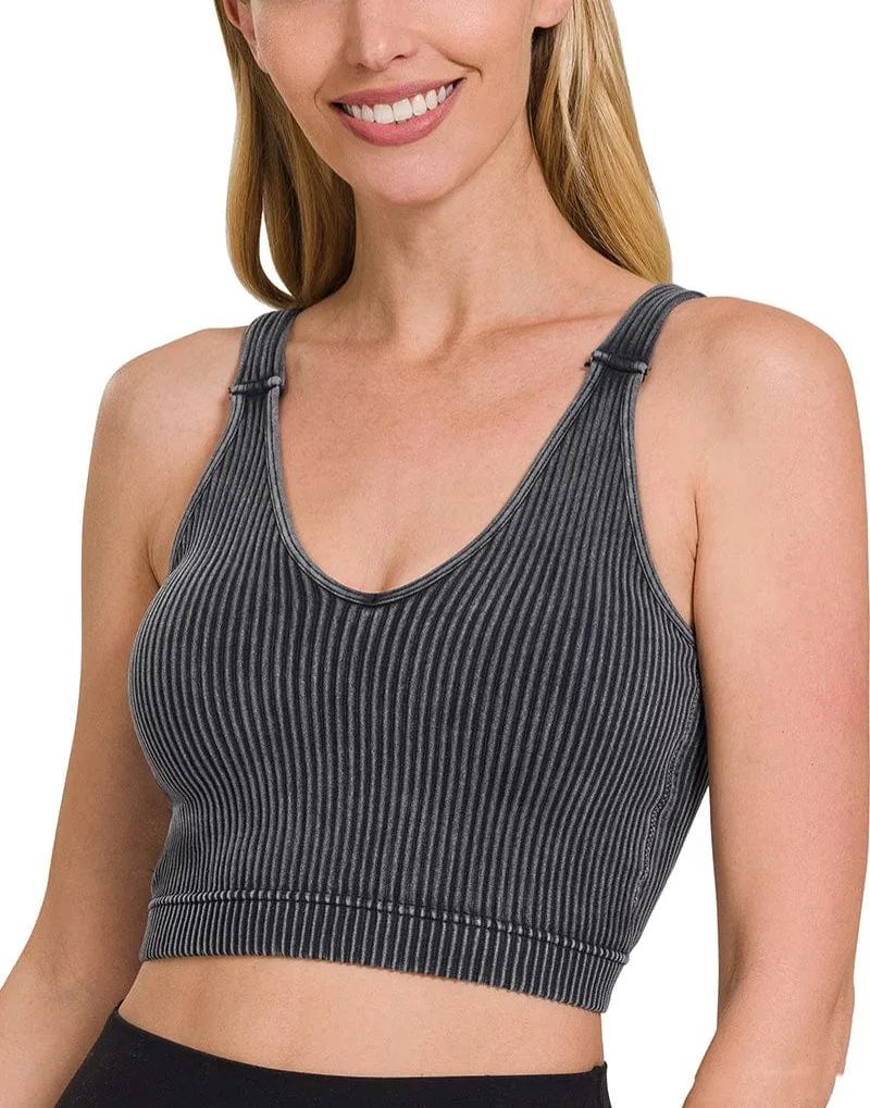 WASHED RIBBED CROPPED BRA PADDED TANK TOP