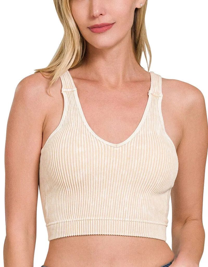 WASHED RIBBED CROPPED BRA PADDED TANK TOP