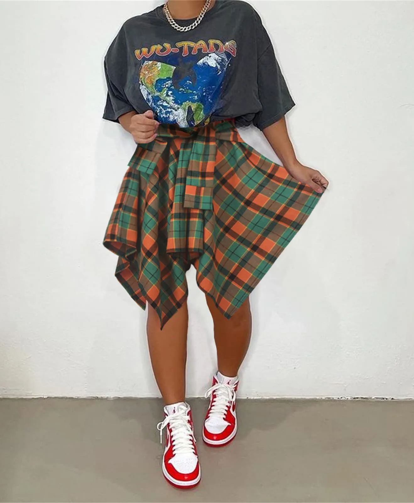 Women's Fashion Multicolor Plaid Print Asymmetrical Hem High Waist Skirt