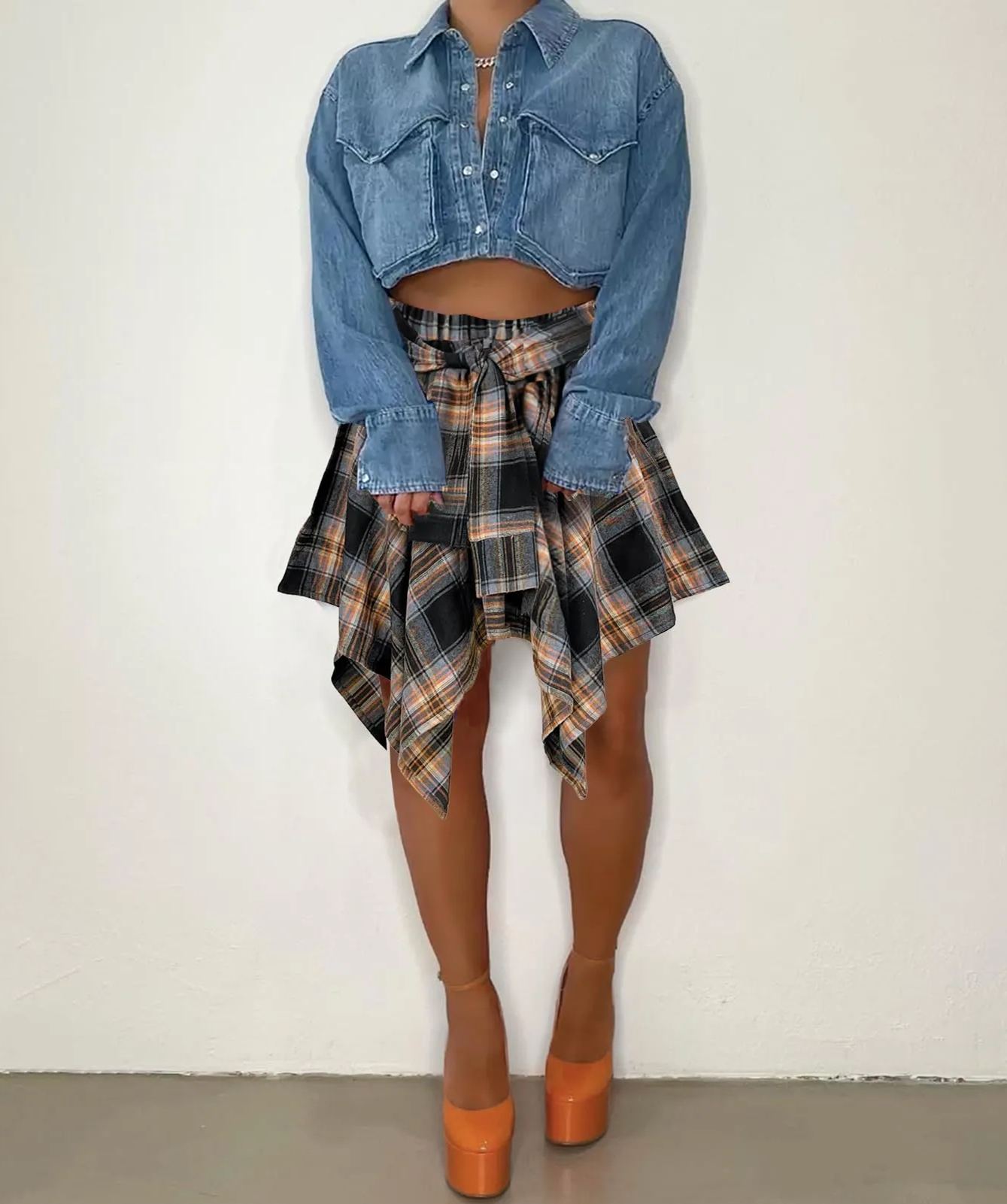 Women's Fashion Multicolor Plaid Print Asymmetrical Hem High Waist Skirt