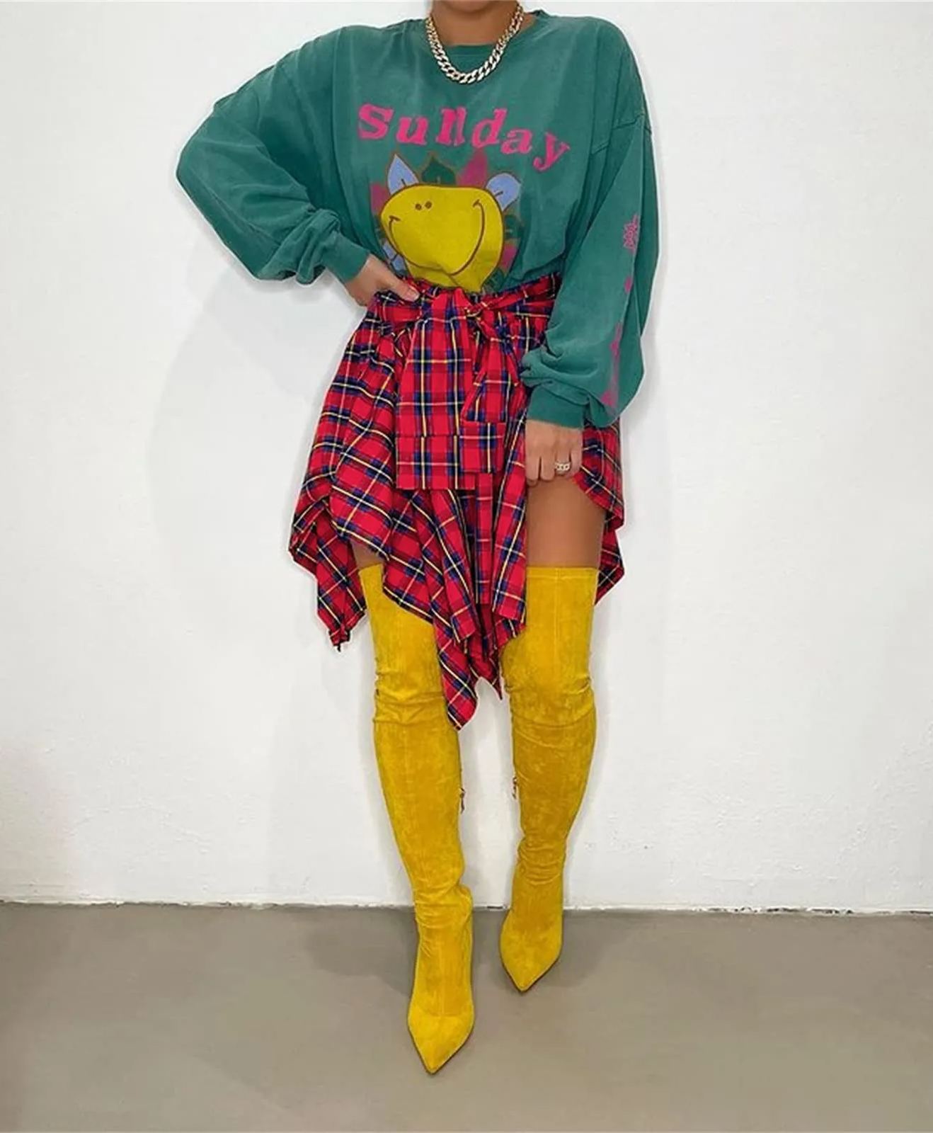 Women's Fashion Multicolor Plaid Print Asymmetrical Hem High Waist Skirt