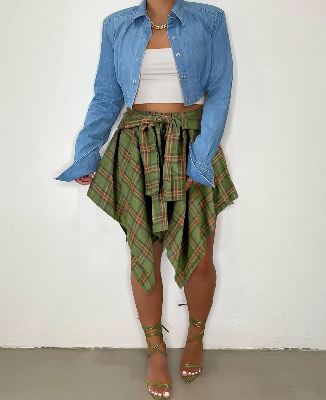 Women's Fashion Multicolor Plaid Print Asymmetrical Hem High Waist Skirt