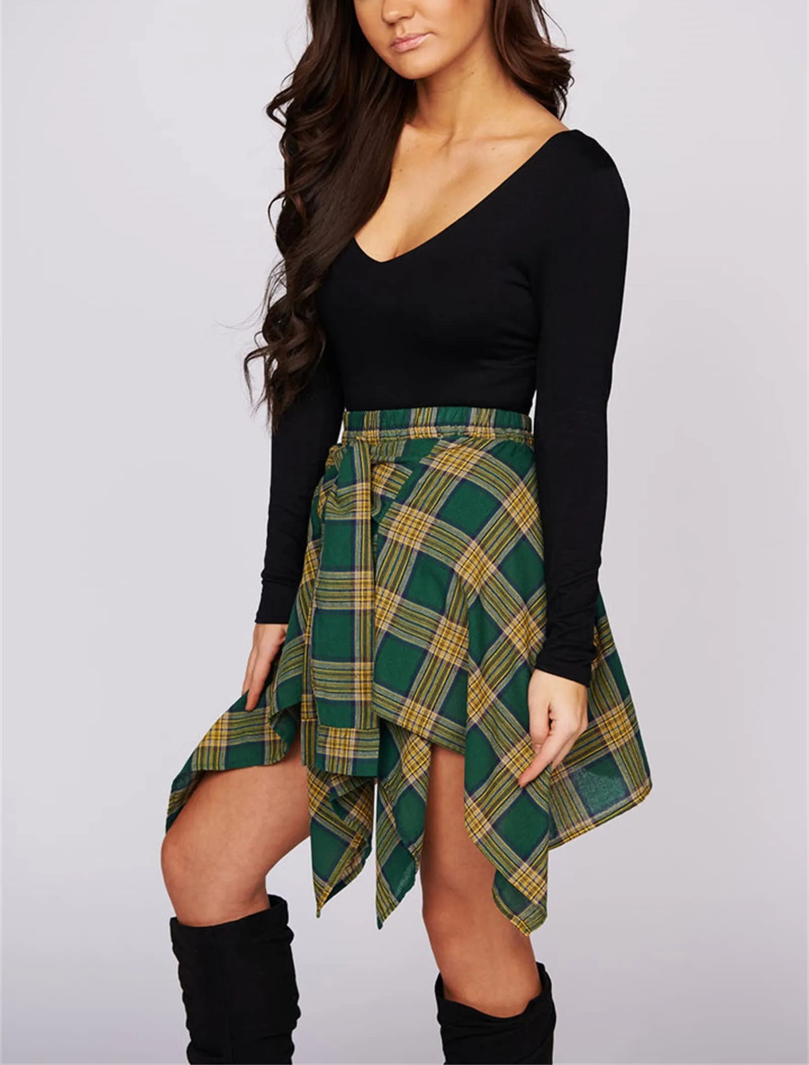 Women's Fashion Multicolor Plaid Print Asymmetrical Hem High Waist Skirt