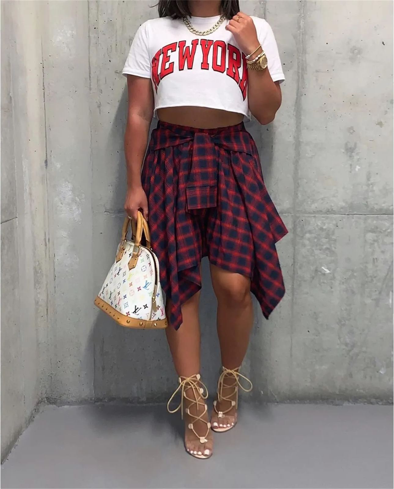 Women's Fashion Multicolor Plaid Print Asymmetrical Hem High Waist Skirt