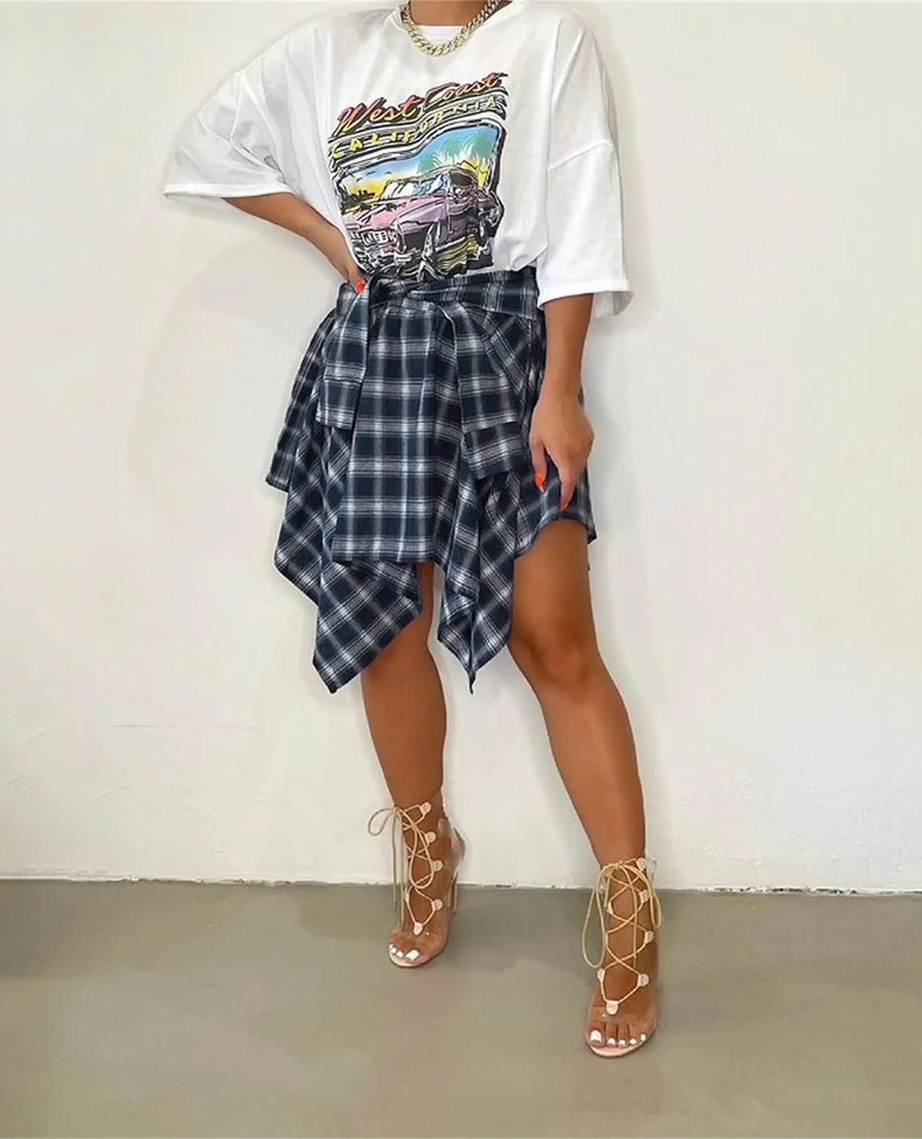 Women's Fashion Multicolor Plaid Print Asymmetrical Hem High Waist Skirt