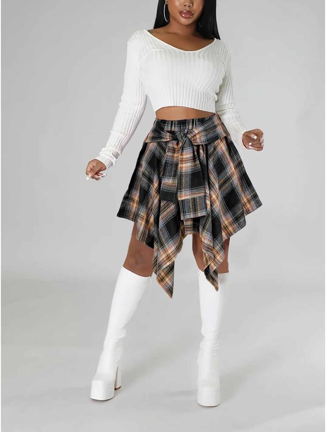 Women's Fashion Multicolor Plaid Print Asymmetrical Hem High Waist Skirt