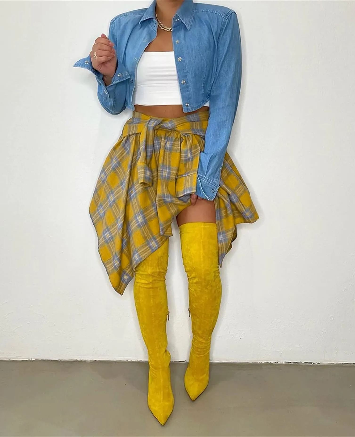 Women's Fashion Multicolor Plaid Print Asymmetrical Hem High Waist Skirt