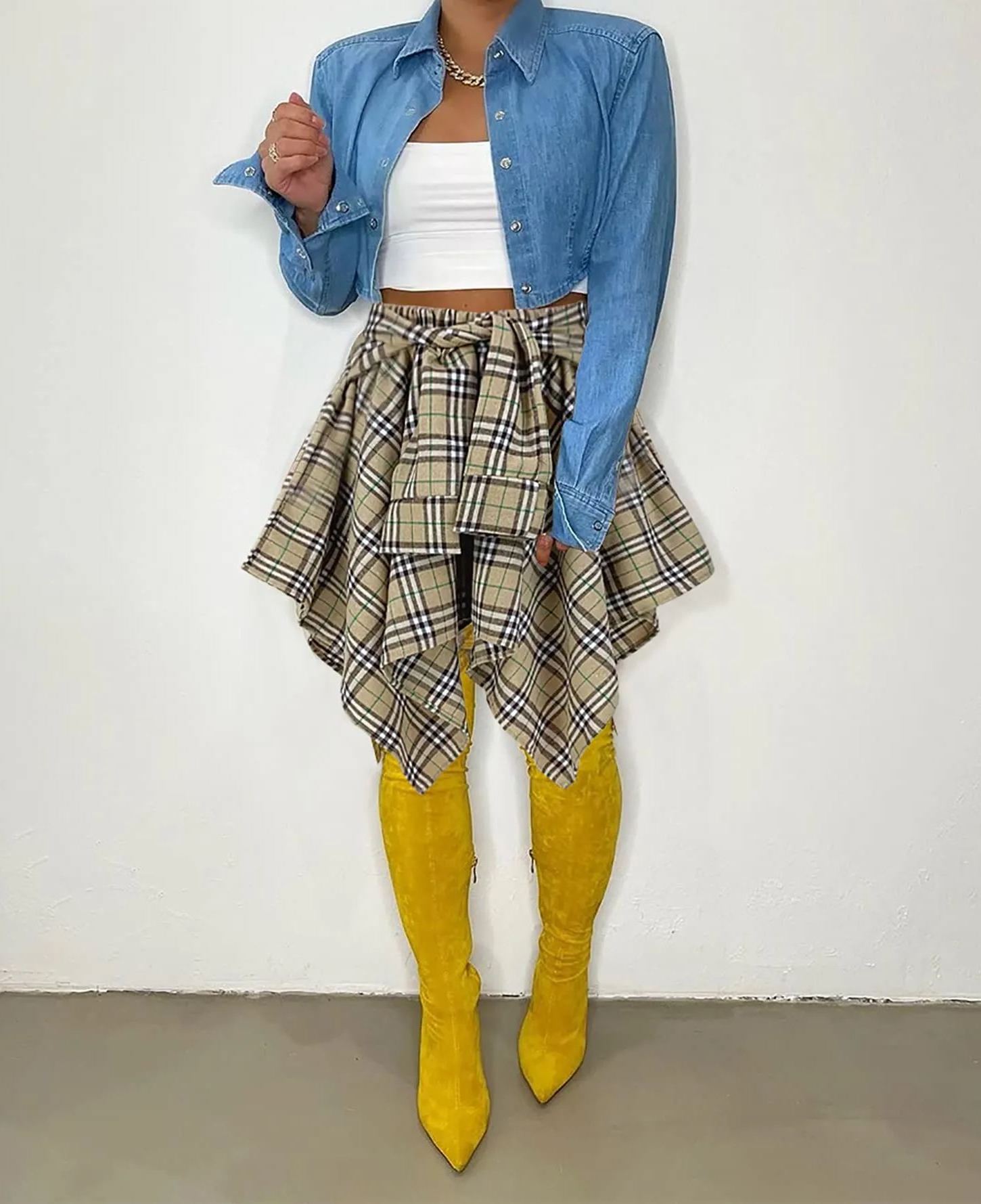 Women's Fashion Multicolor Plaid Print Asymmetrical Hem High Waist Skirt