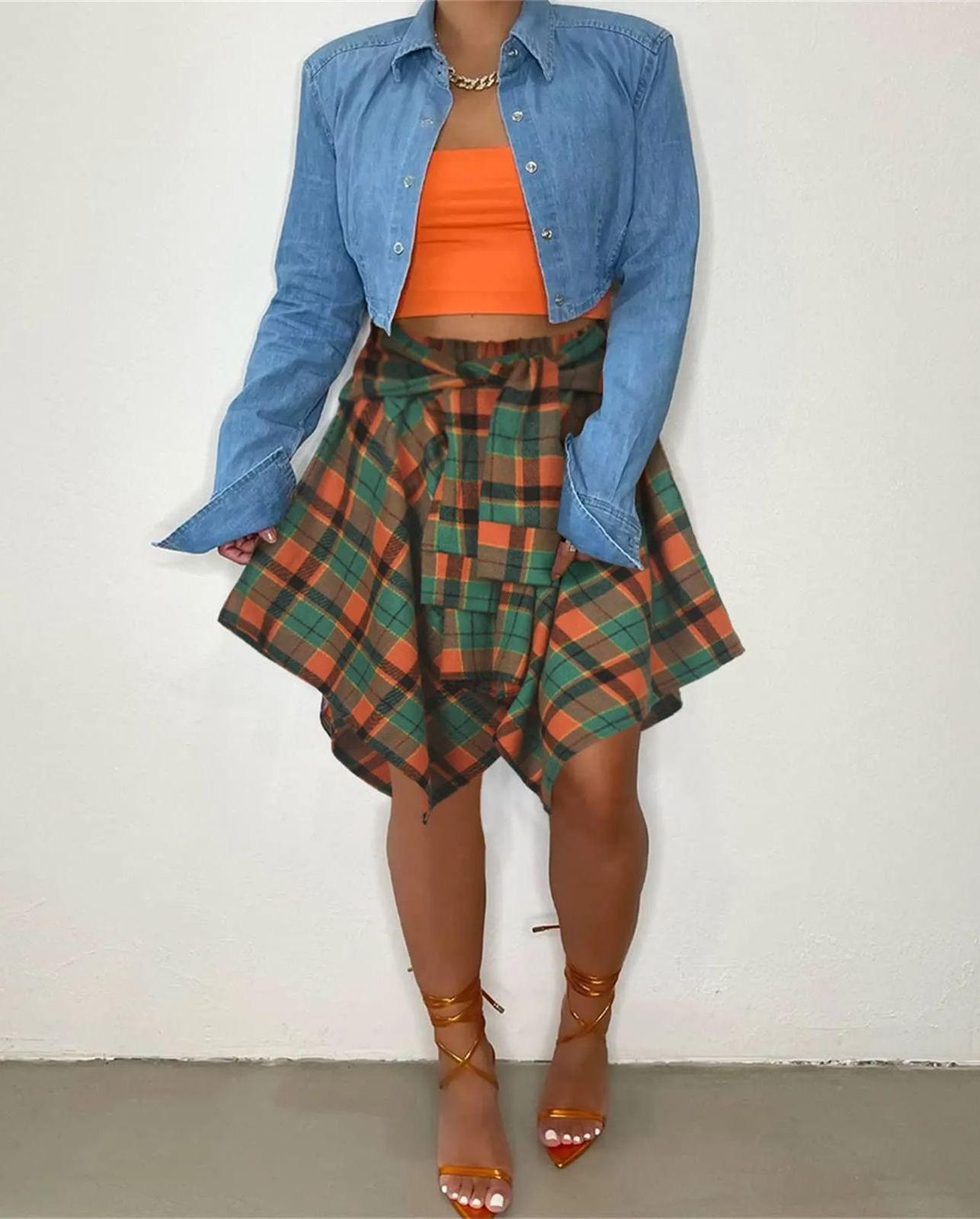 Women's Fashion Multicolor Plaid Print Asymmetrical Hem High Waist Skirt