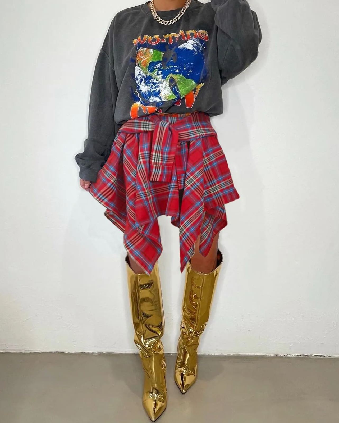 Women's Fashion Multicolor Plaid Print Asymmetrical Hem High Waist Skirt