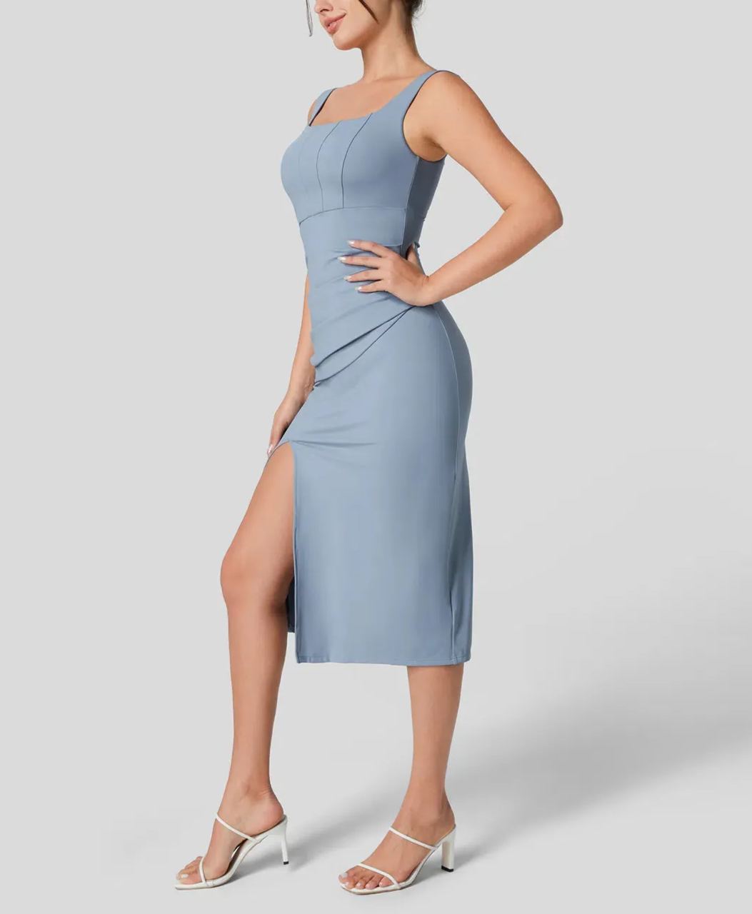 Women's Square Neck Backless Corset Ruched Split Bodycon Midi Casual Dress