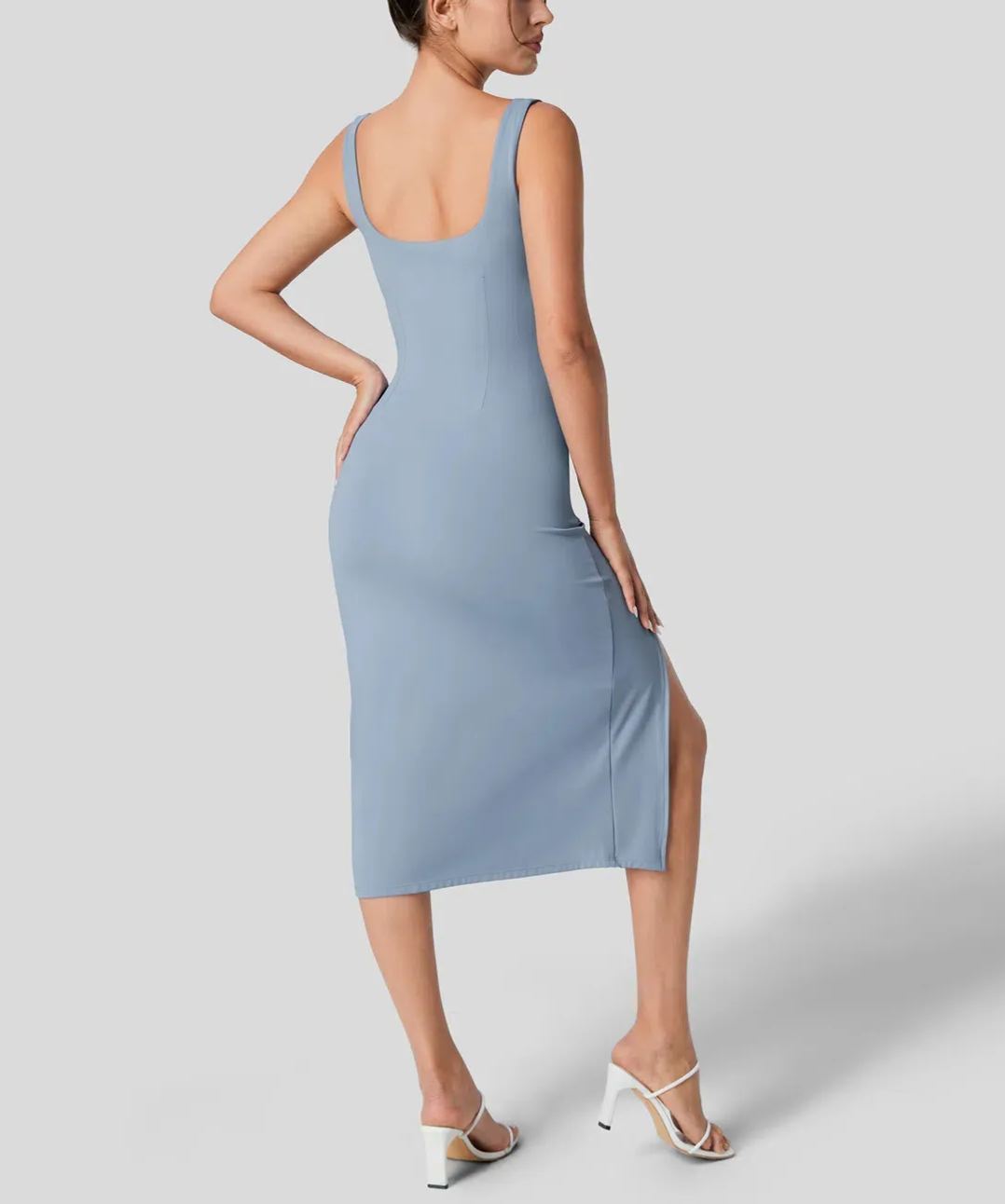 Women's Square Neck Backless Corset Ruched Split Bodycon Midi Casual Dress