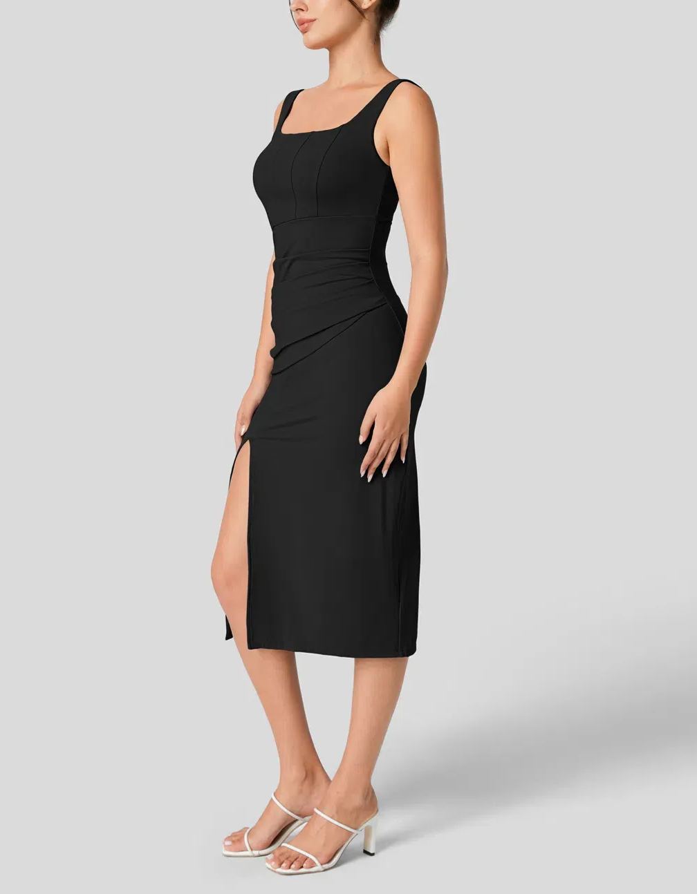 Women's Square Neck Backless Corset Ruched Split Bodycon Midi Casual Dress