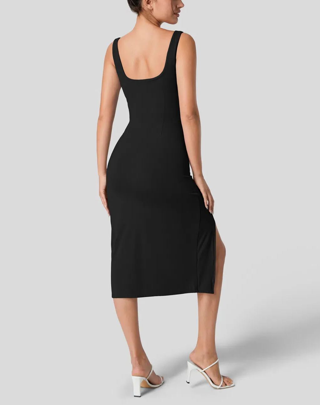 Women's Square Neck Backless Corset Ruched Split Bodycon Midi Casual Dress