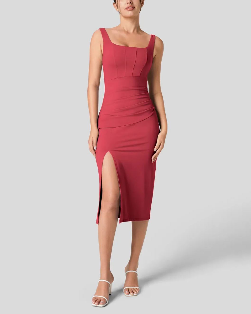 Women's Square Neck Backless Corset Ruched Split Bodycon Midi Casual Dress