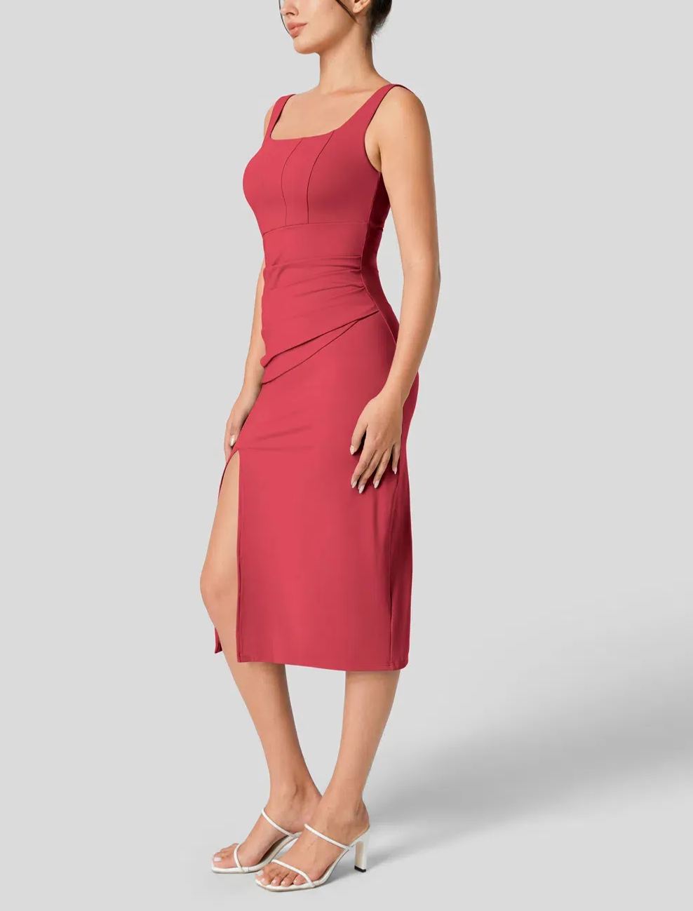 Women's Square Neck Backless Corset Ruched Split Bodycon Midi Casual Dress