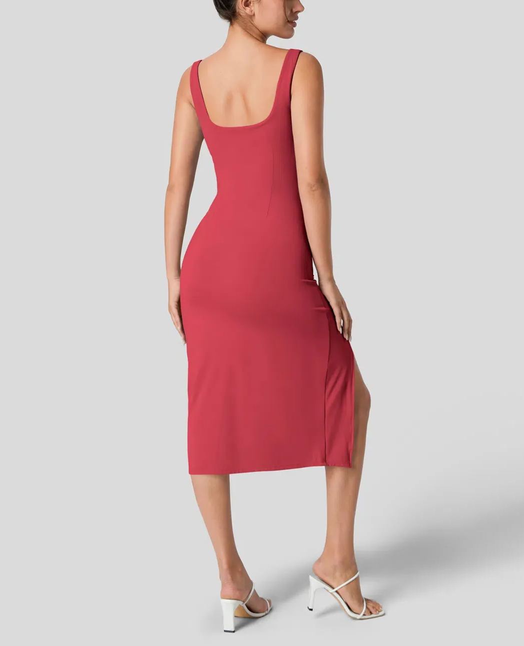 Women's Square Neck Backless Corset Ruched Split Bodycon Midi Casual Dress