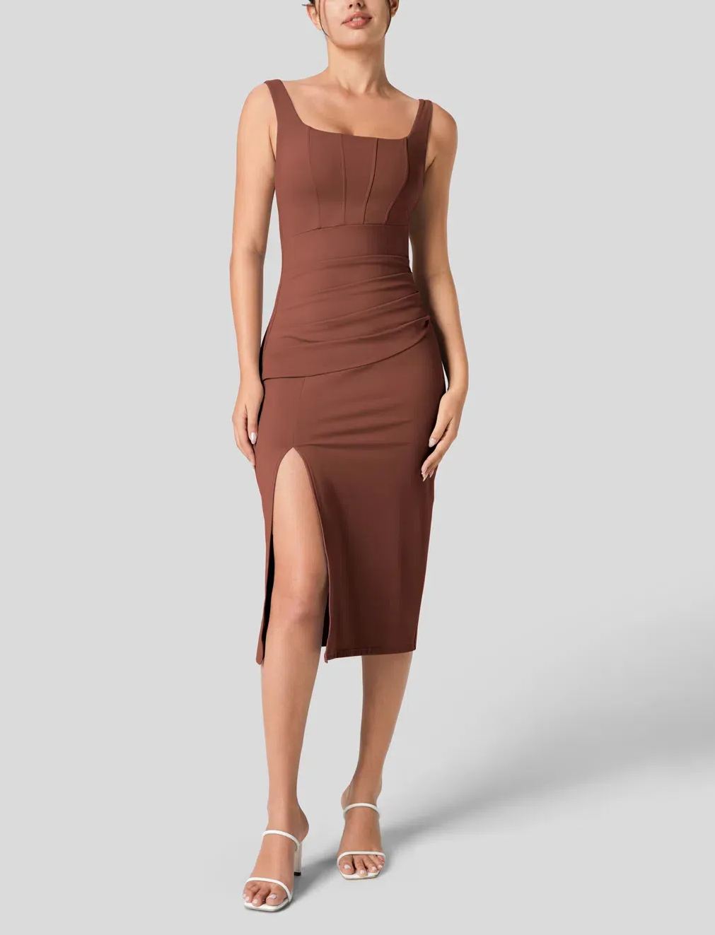 Women's Square Neck Backless Corset Ruched Split Bodycon Midi Casual Dress