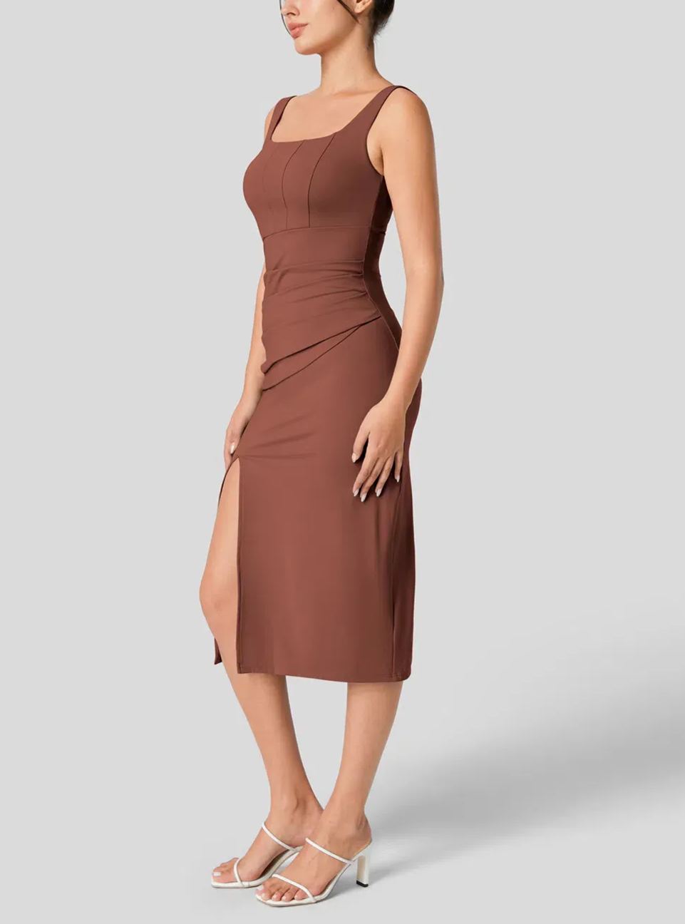 Women's Square Neck Backless Corset Ruched Split Bodycon Midi Casual Dress