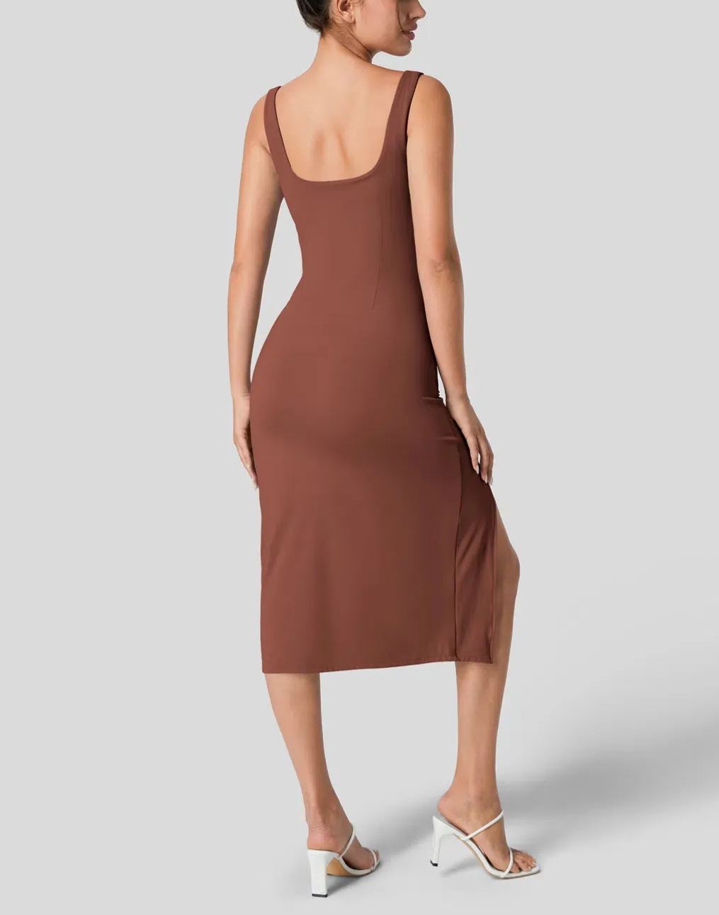 Women's Square Neck Backless Corset Ruched Split Bodycon Midi Casual Dress