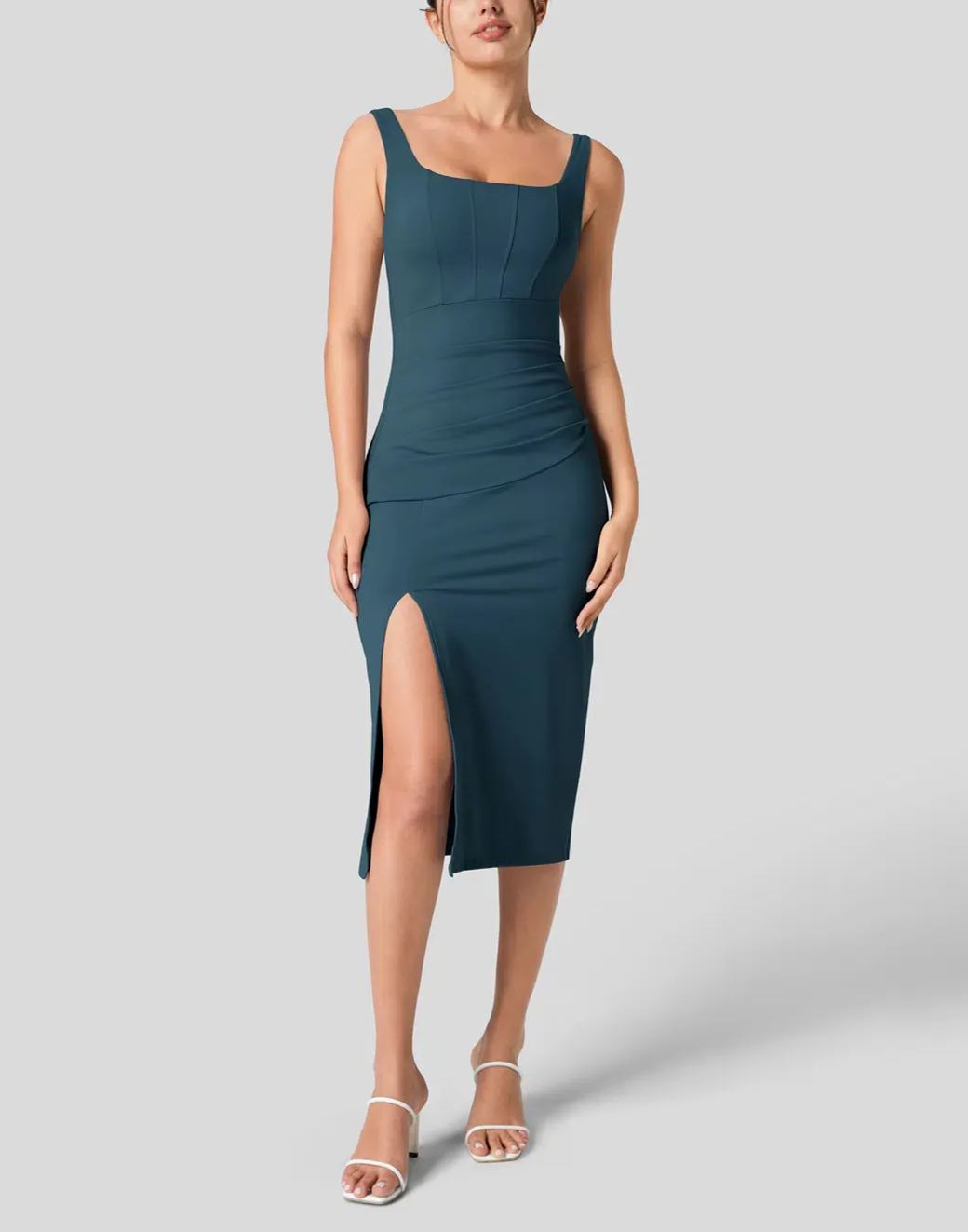 Women's Square Neck Backless Corset Ruched Split Bodycon Midi Casual Dress