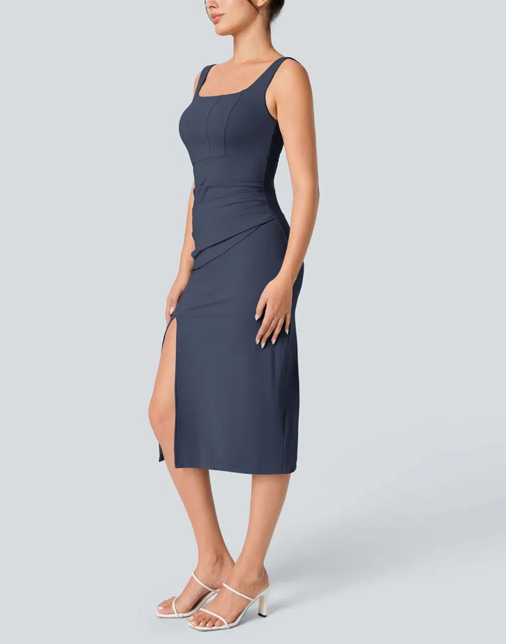 Women's Square Neck Backless Corset Ruched Split Bodycon Midi Casual Dress