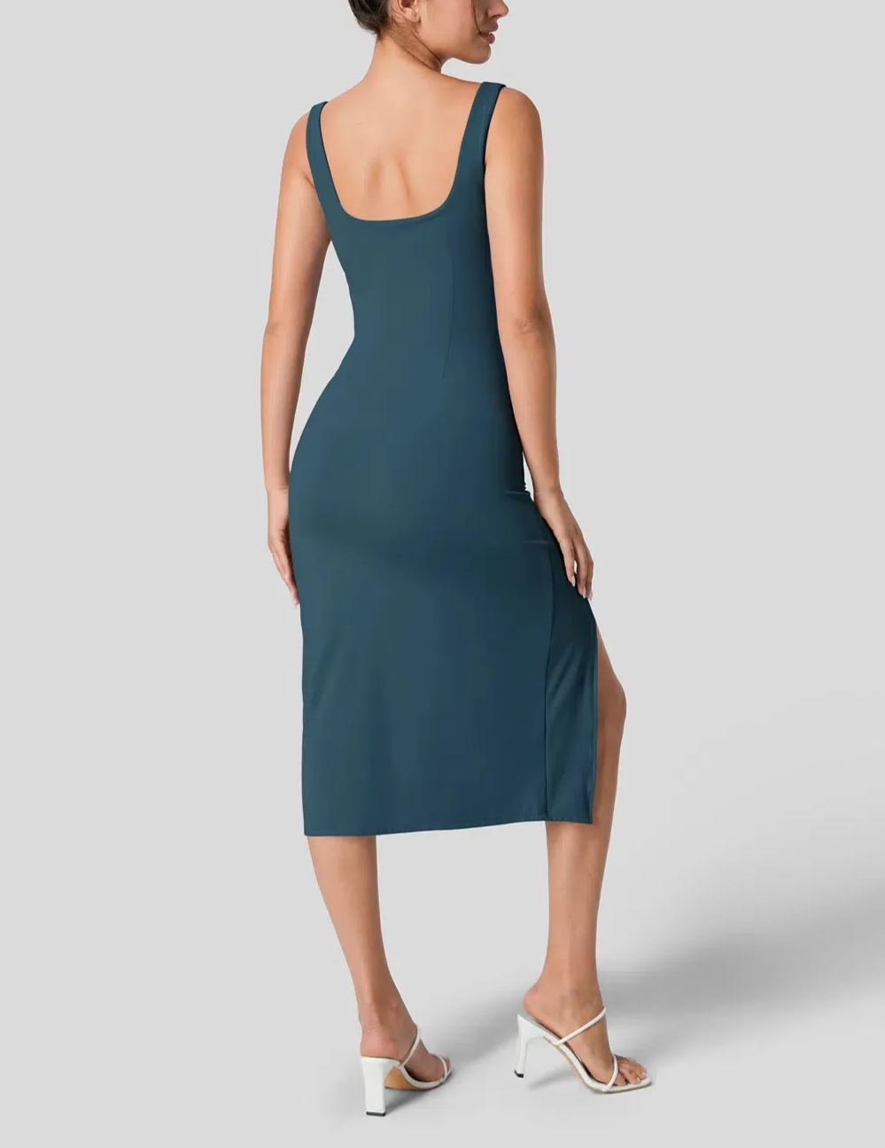 Women's Square Neck Backless Corset Ruched Split Bodycon Midi Casual Dress