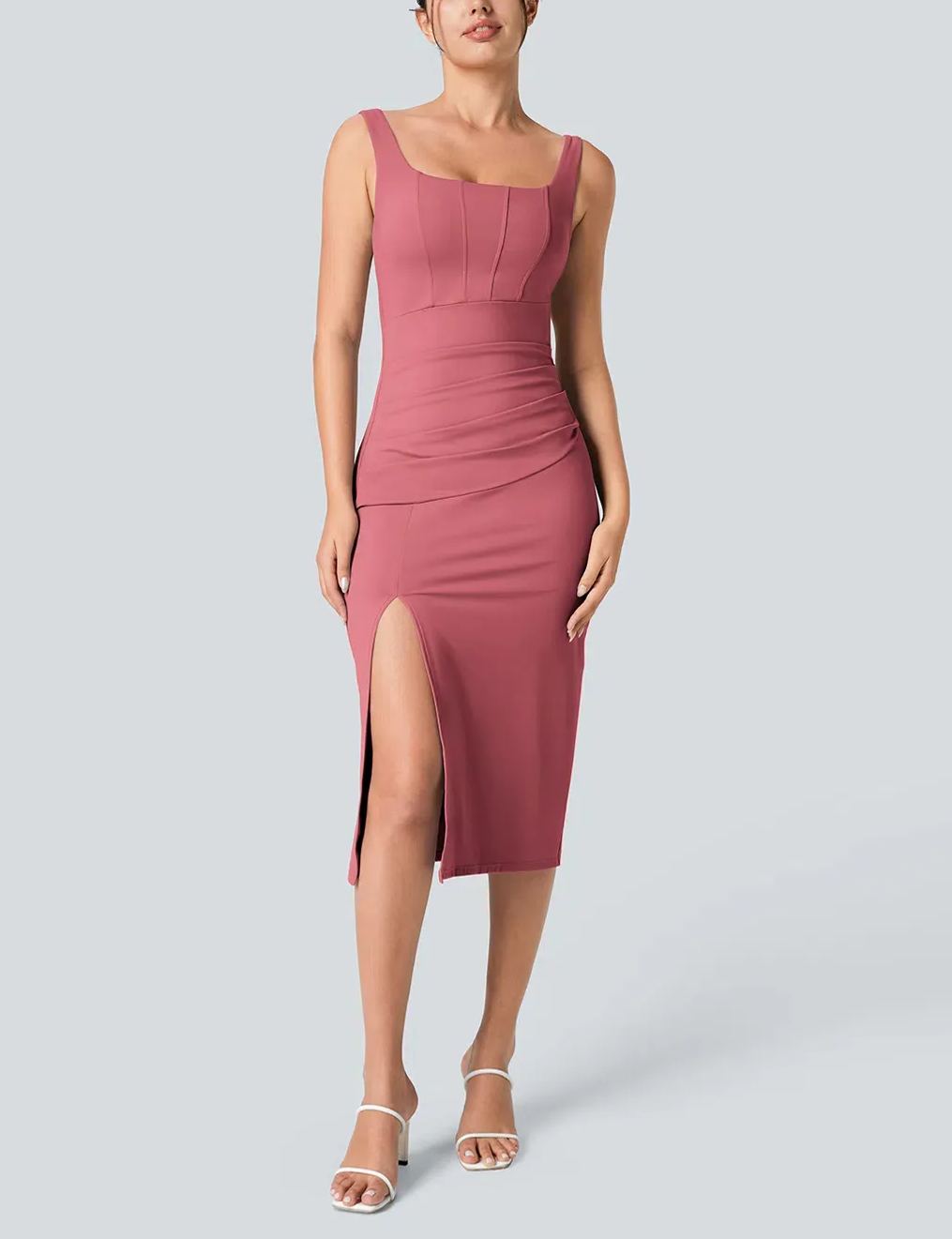 Women's Square Neck Backless Corset Ruched Split Bodycon Midi Casual Dress