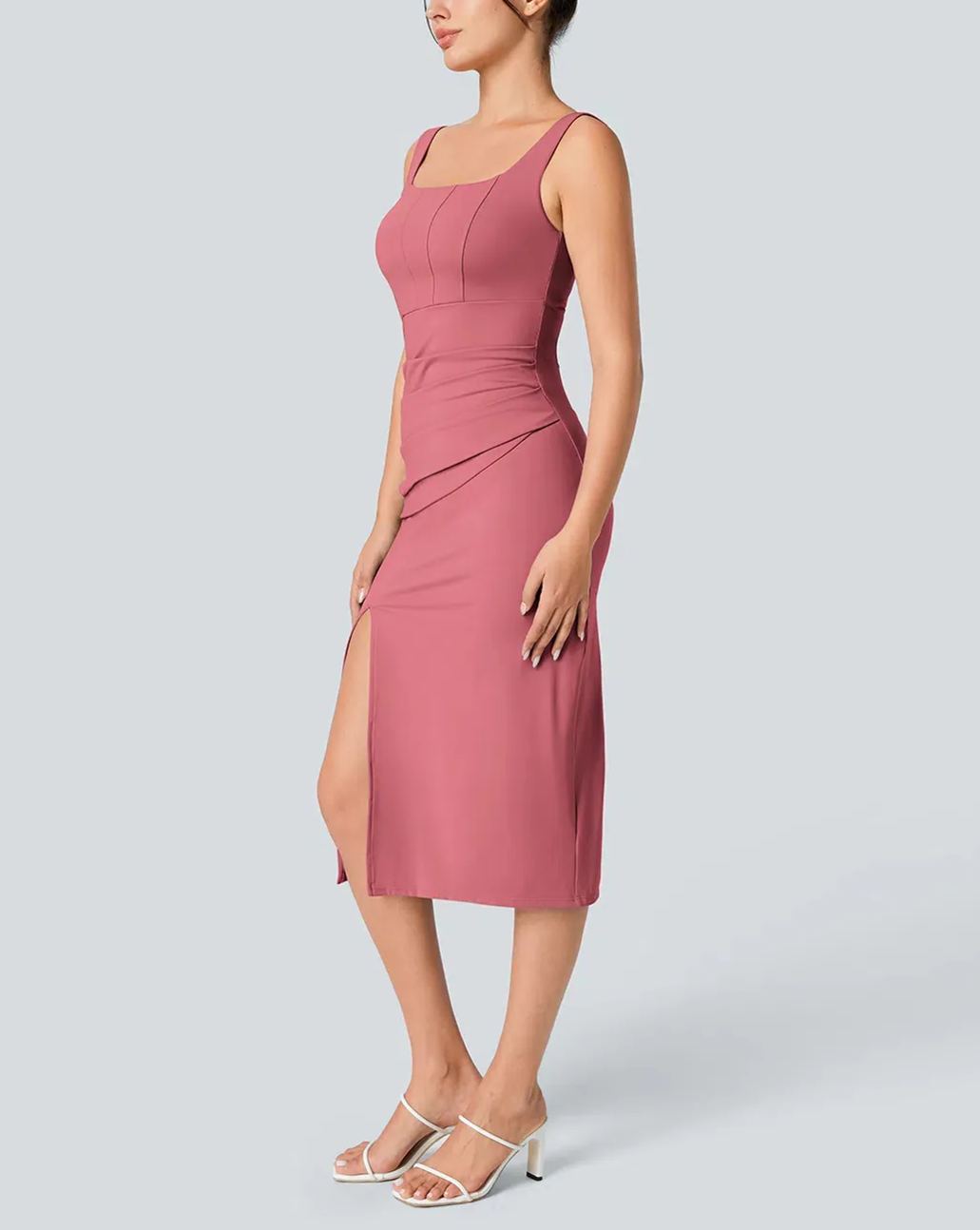 Women's Square Neck Backless Corset Ruched Split Bodycon Midi Casual Dress