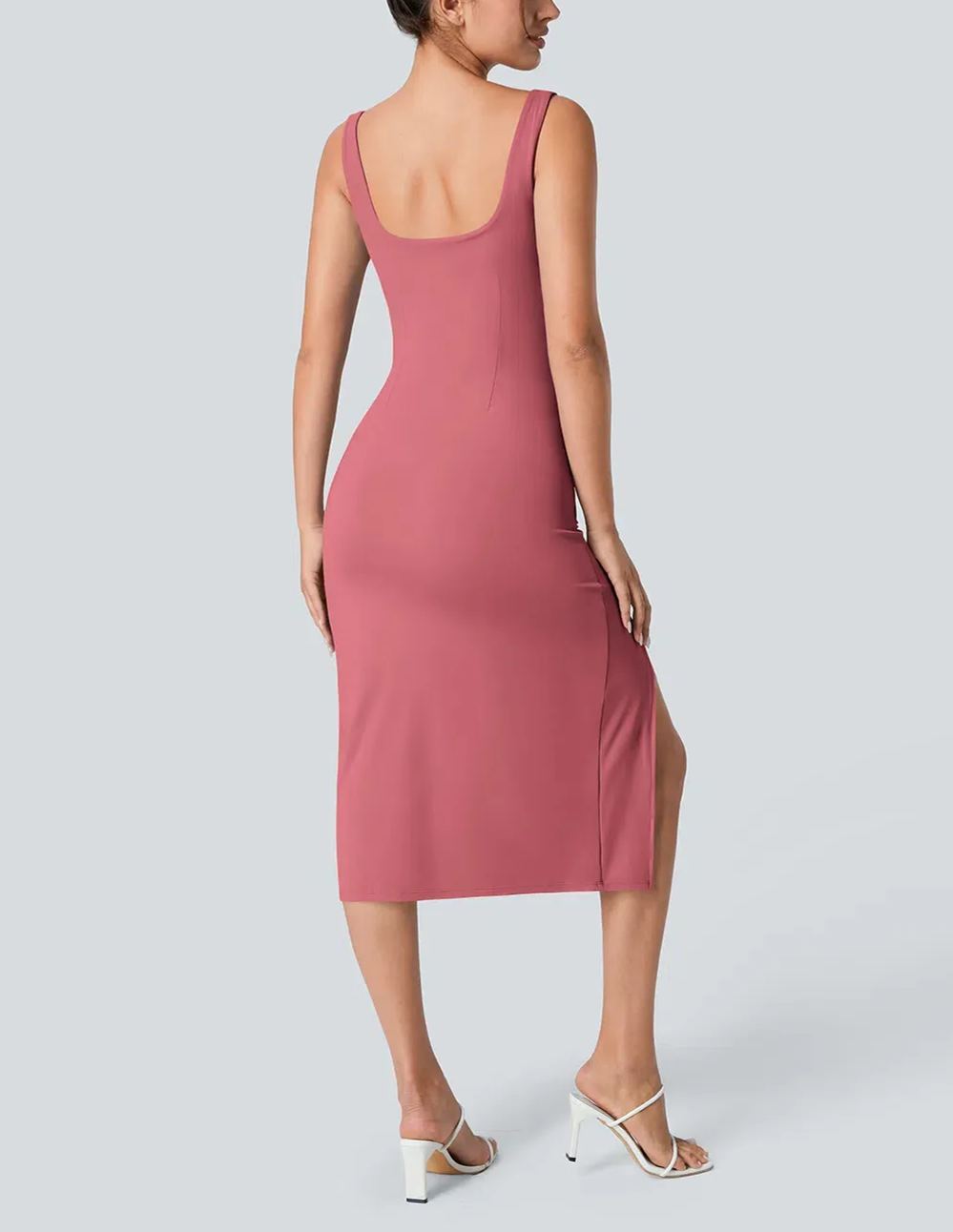 Women's Square Neck Backless Corset Ruched Split Bodycon Midi Casual Dress