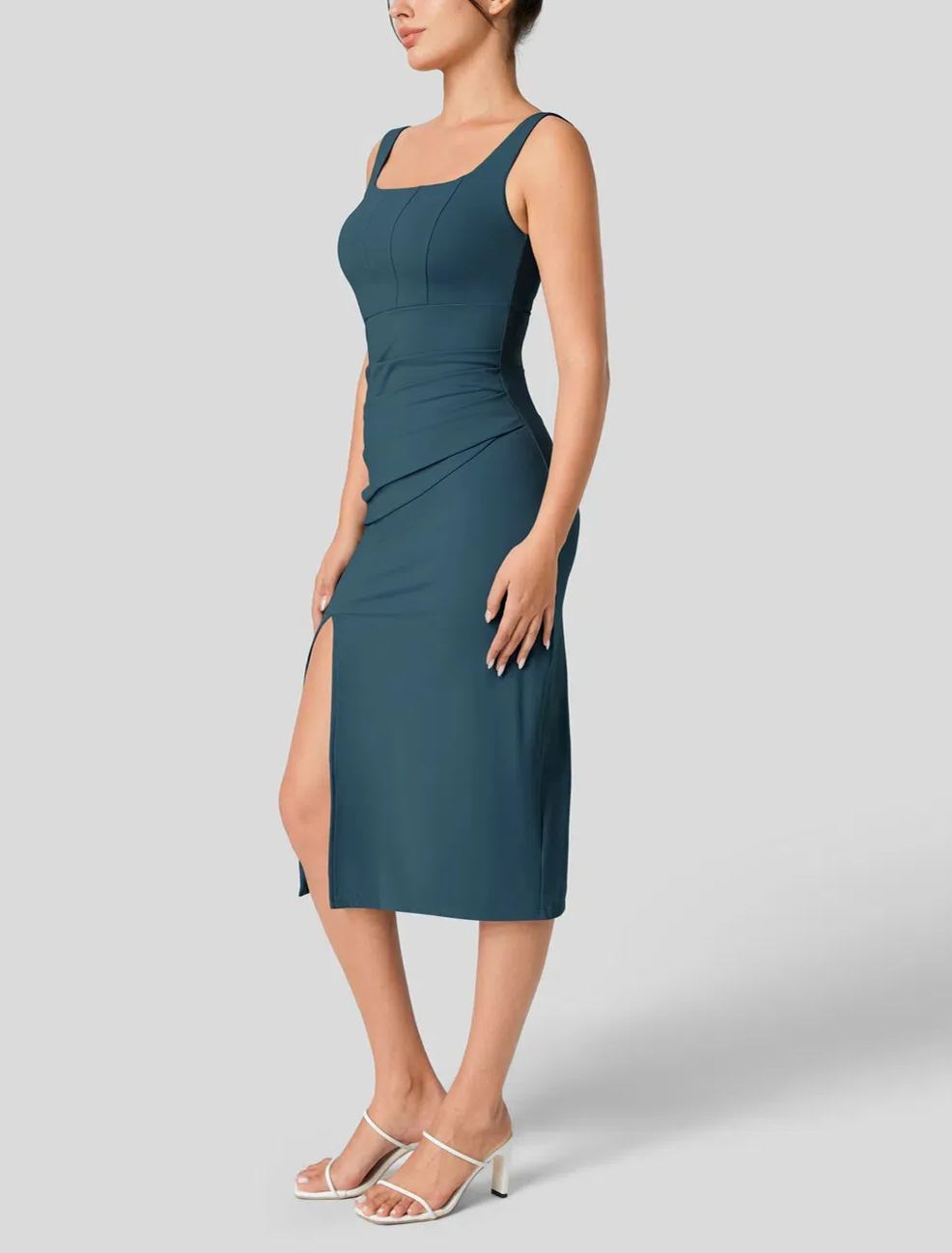 Women's Square Neck Backless Corset Ruched Split Bodycon Midi Casual Dress