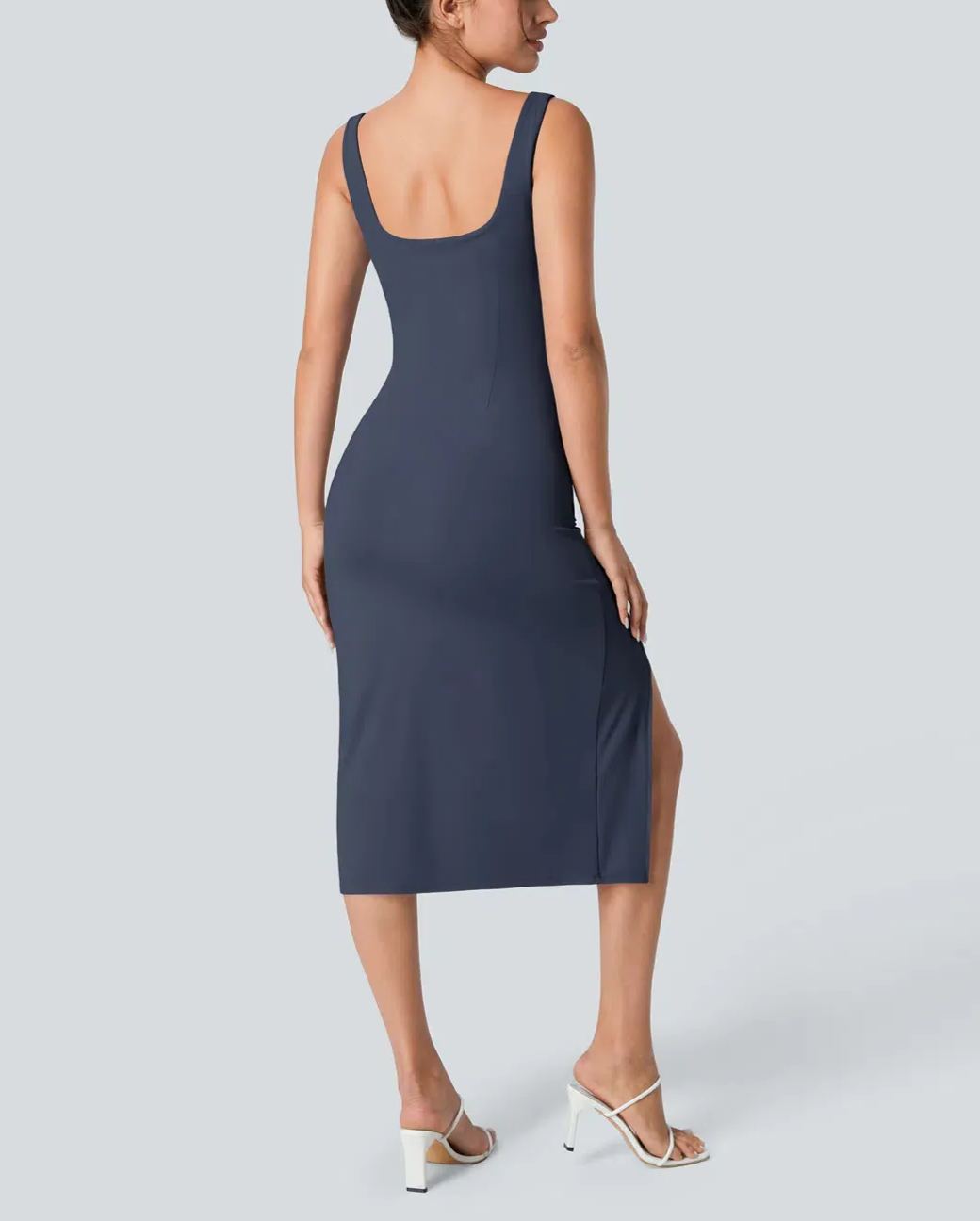 Women's Square Neck Backless Corset Ruched Split Bodycon Midi Casual Dress