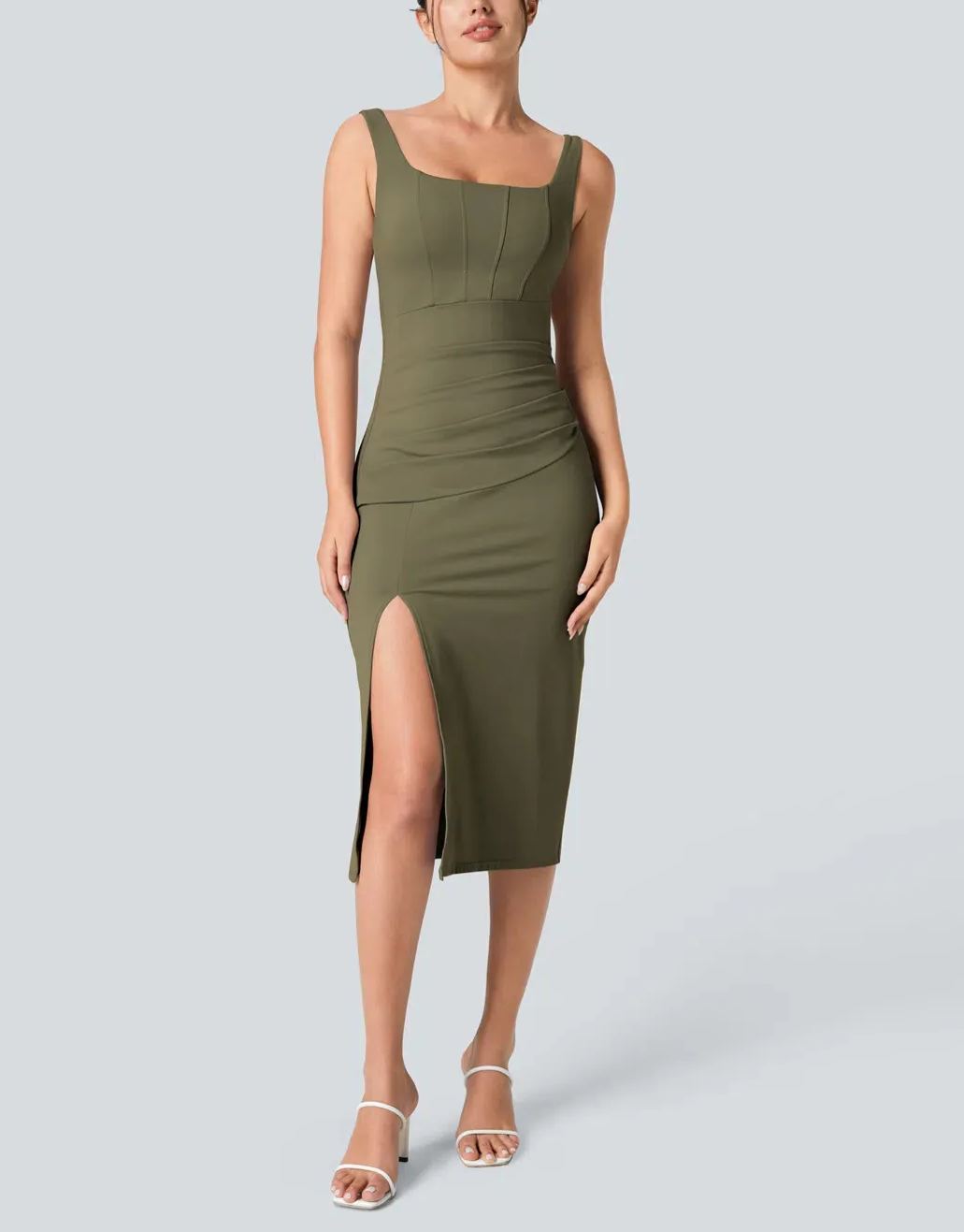 Women's Square Neck Backless Corset Ruched Split Bodycon Midi Casual Dress