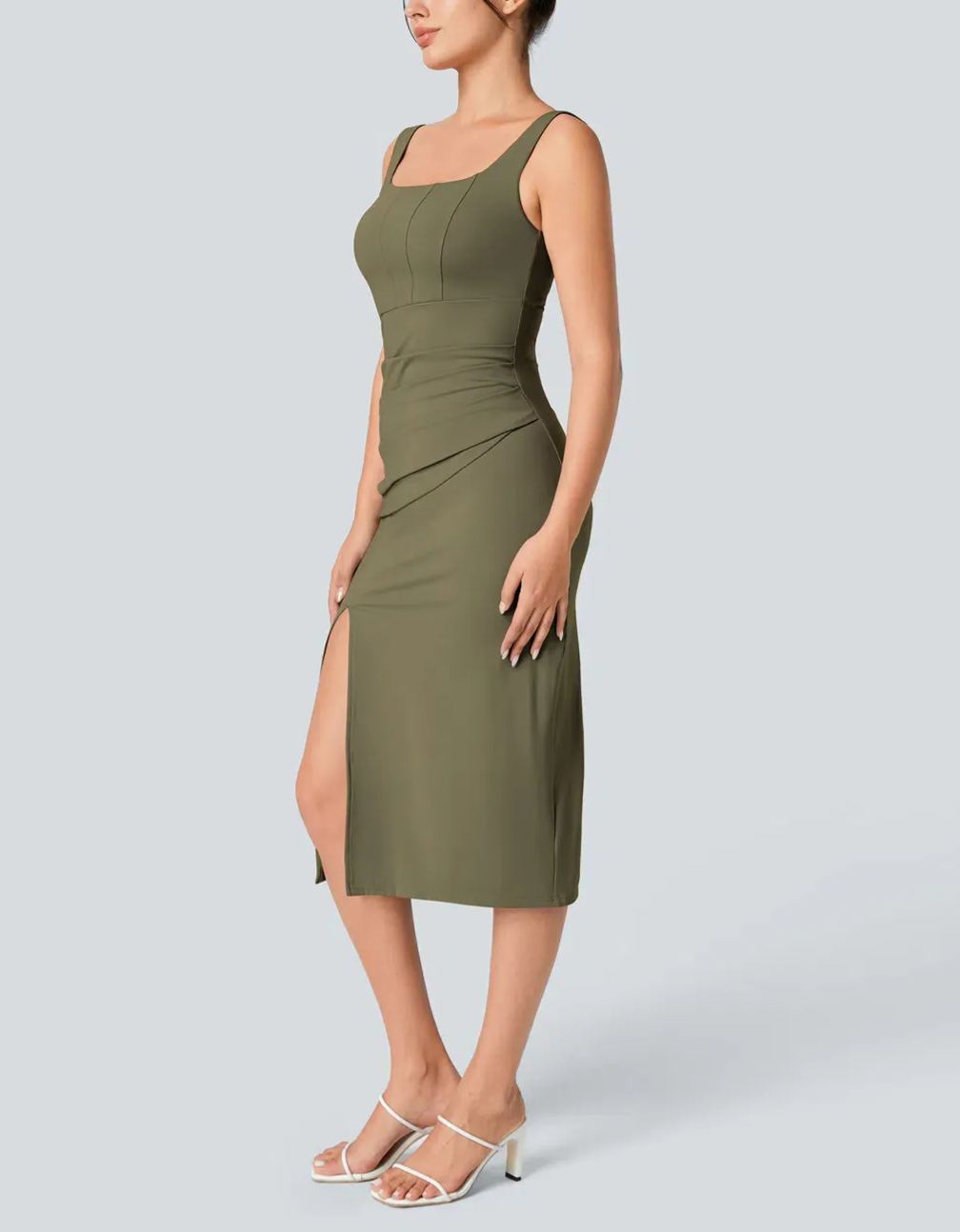 Women's Square Neck Backless Corset Ruched Split Bodycon Midi Casual Dress