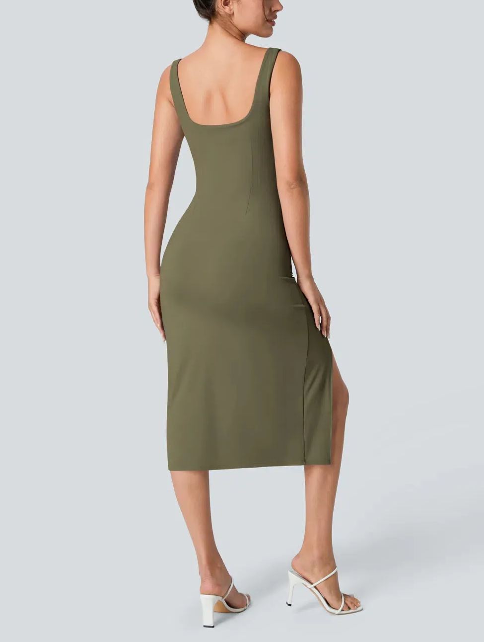 Women's Square Neck Backless Corset Ruched Split Bodycon Midi Casual Dress