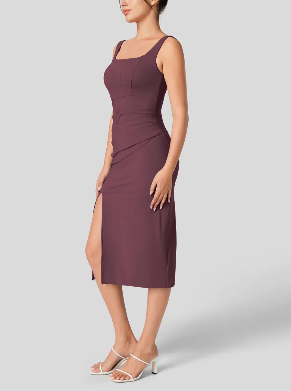 Women's Square Neck Backless Corset Ruched Split Bodycon Midi Casual Dress