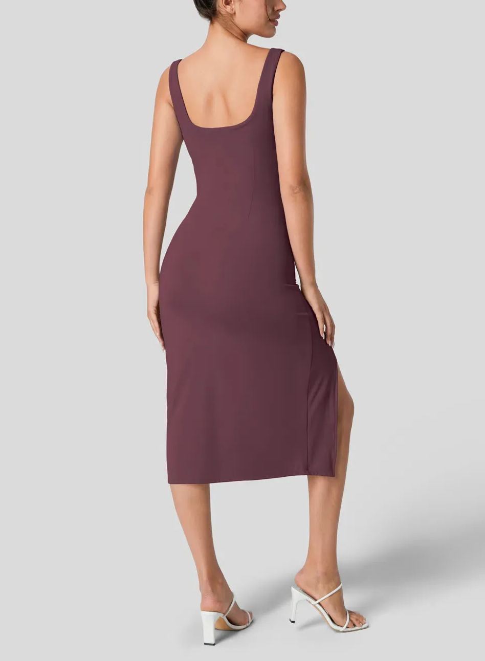 Women's Square Neck Backless Corset Ruched Split Bodycon Midi Casual Dress