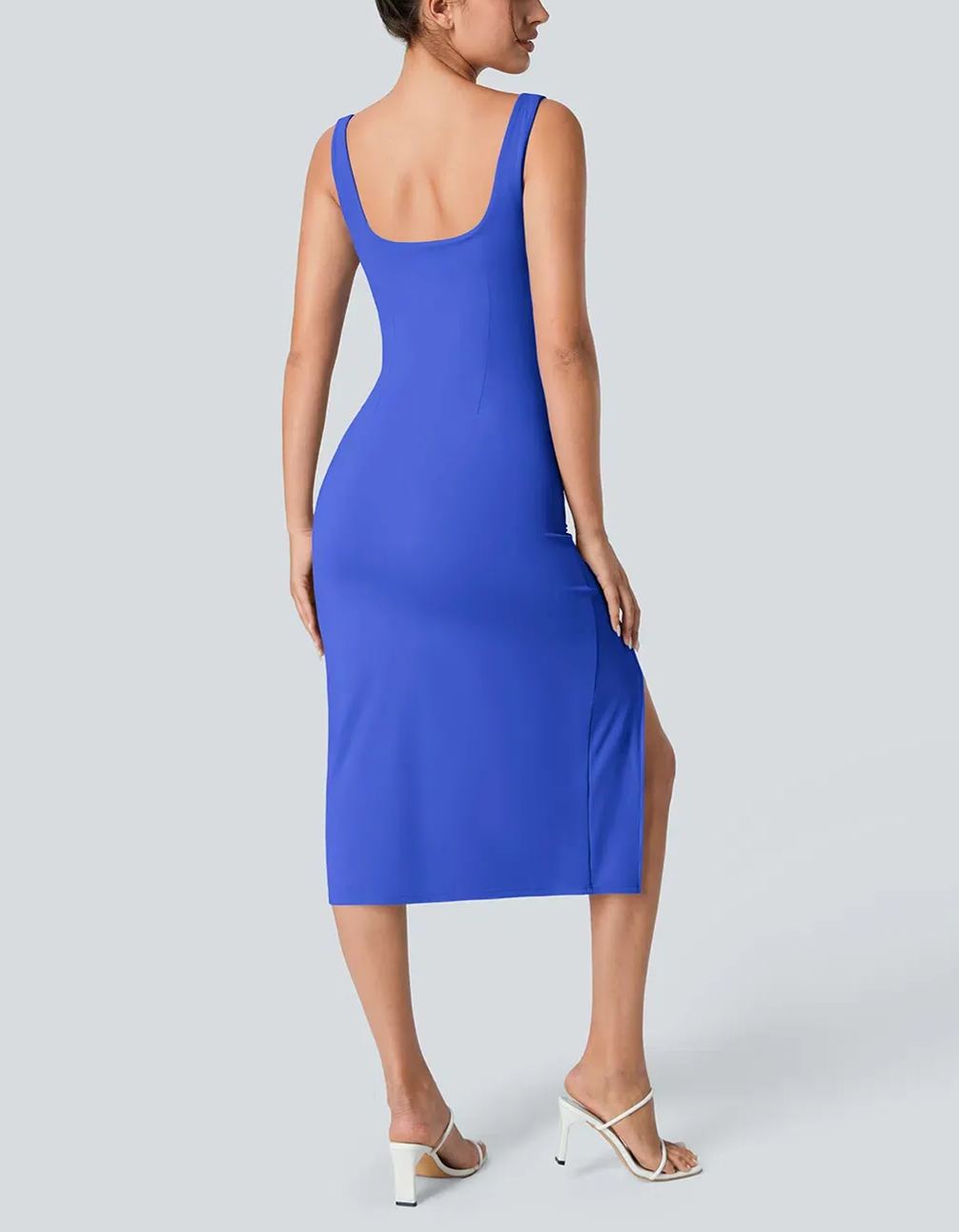 Women's Square Neck Backless Corset Ruched Split Bodycon Midi Casual Dress