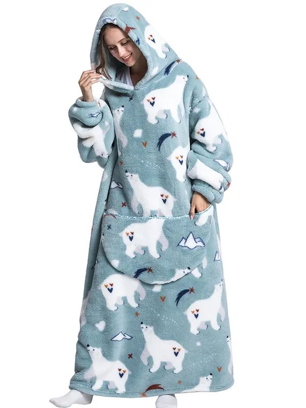 Womens Oversized Cartoon Fleece Hoodie Blanket With Front Pocket