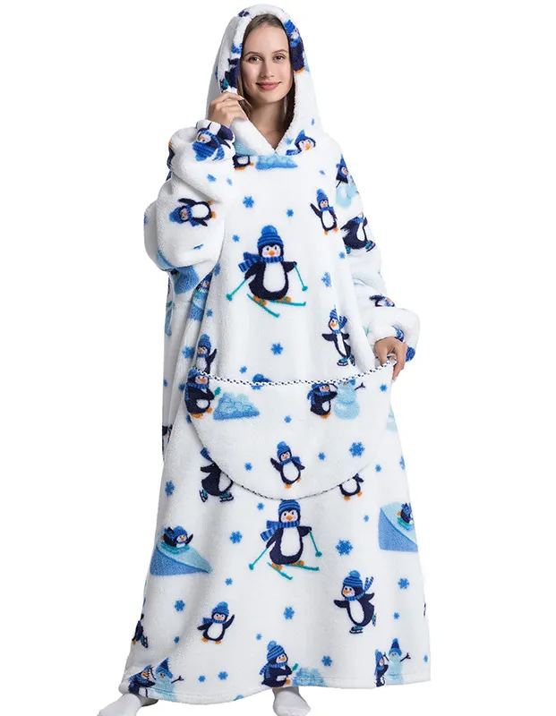 Womens Oversized Cartoon Fleece Hoodie Blanket With Front Pocket